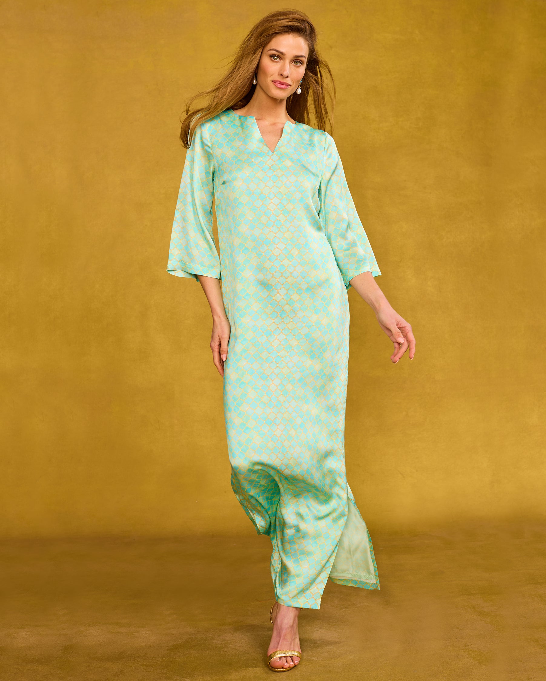 Majorelle Silk Dress in Mint Julep Alhambra front view without self belt