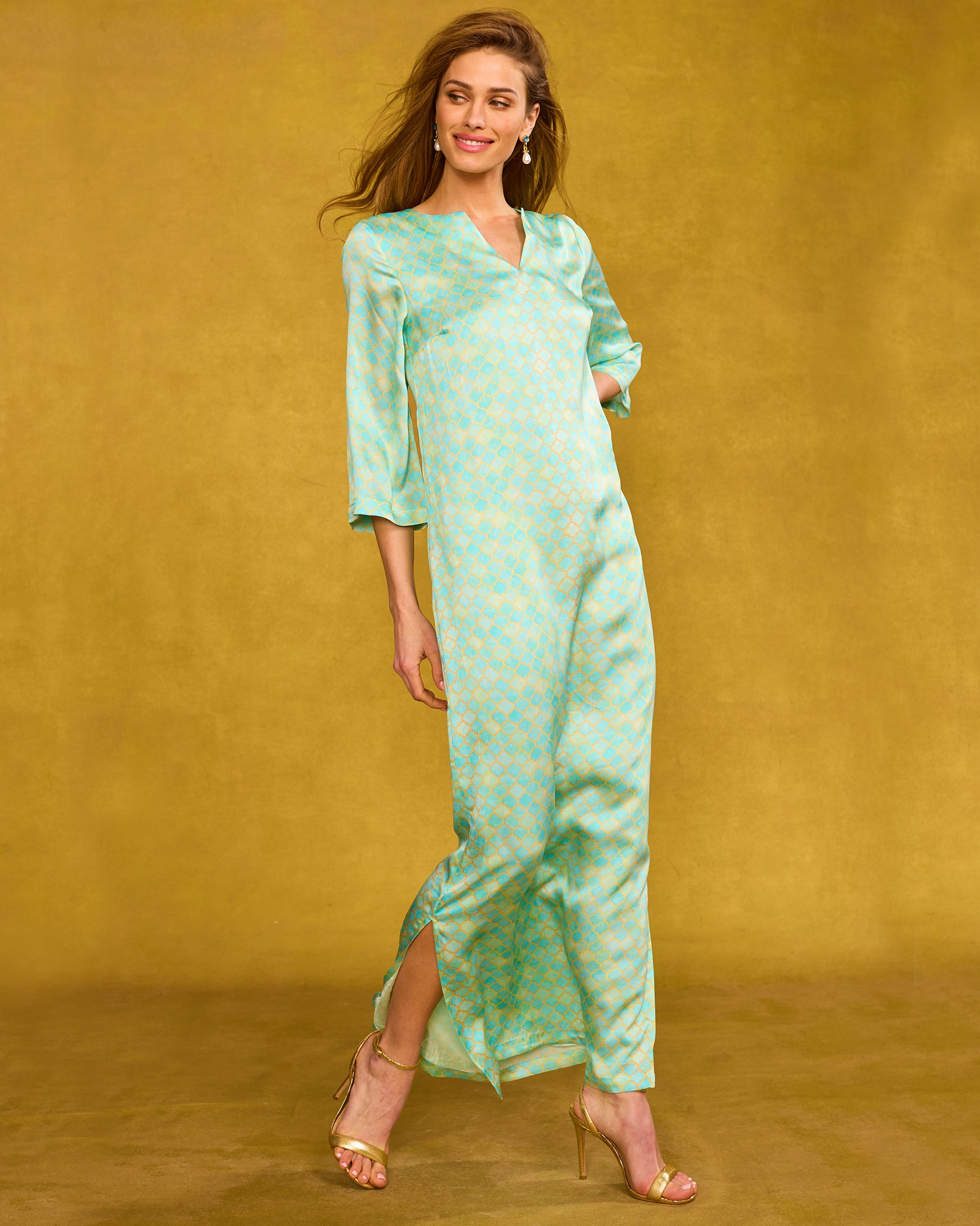 Majorelle Silk Dress in Mint Julep Alhambra side view walking without belt