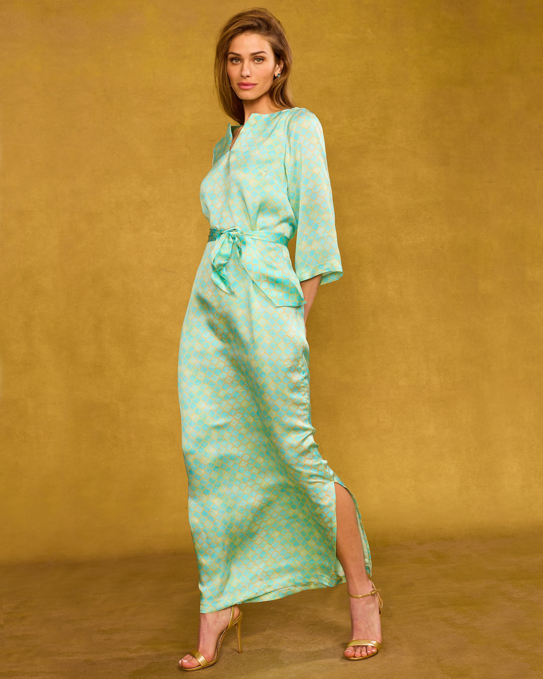 Majorelle Silk Dress in Mint Julep Alhambra hands behind hips