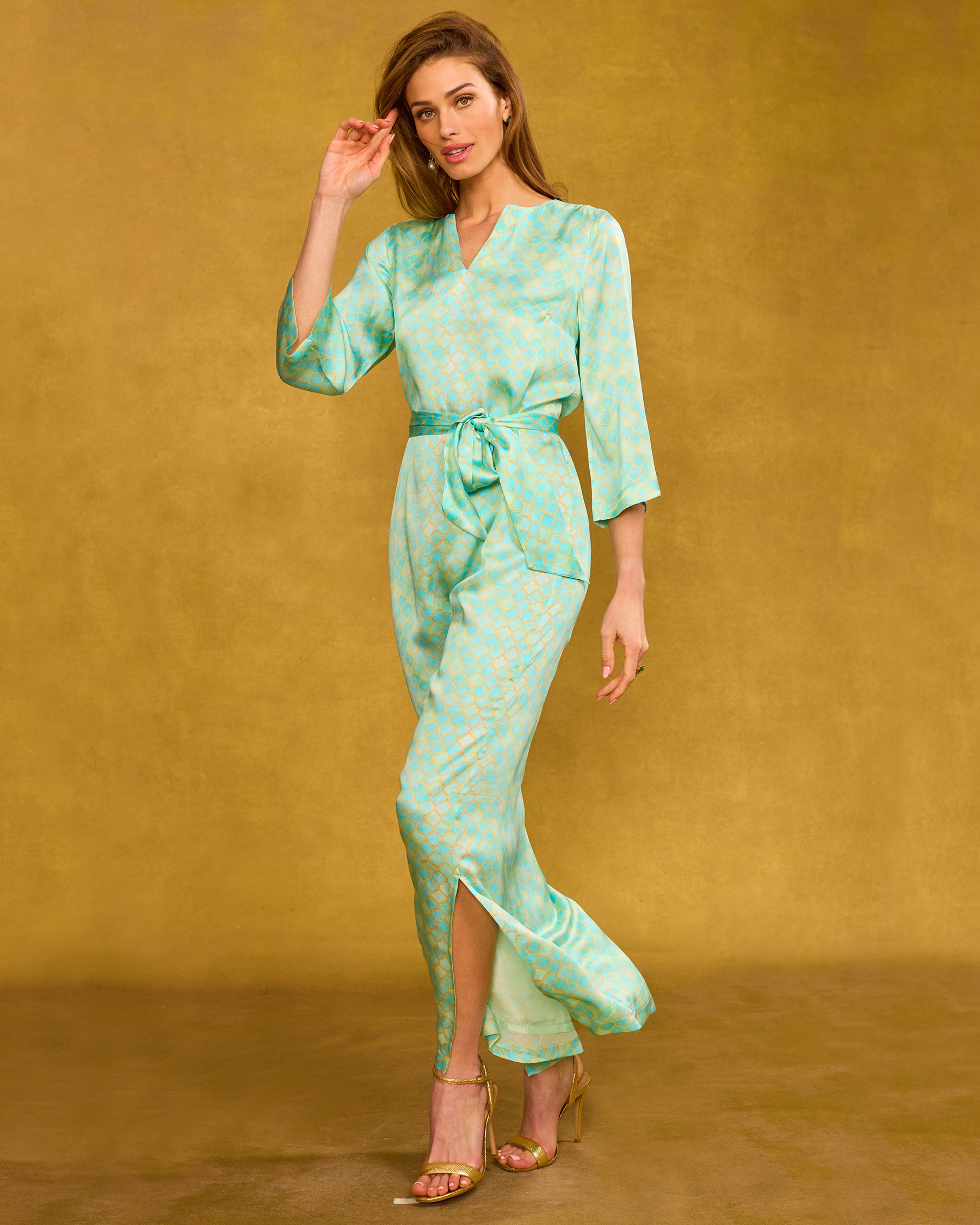 Majorelle Silk Dress in Mint Julep Alhambra side view walking