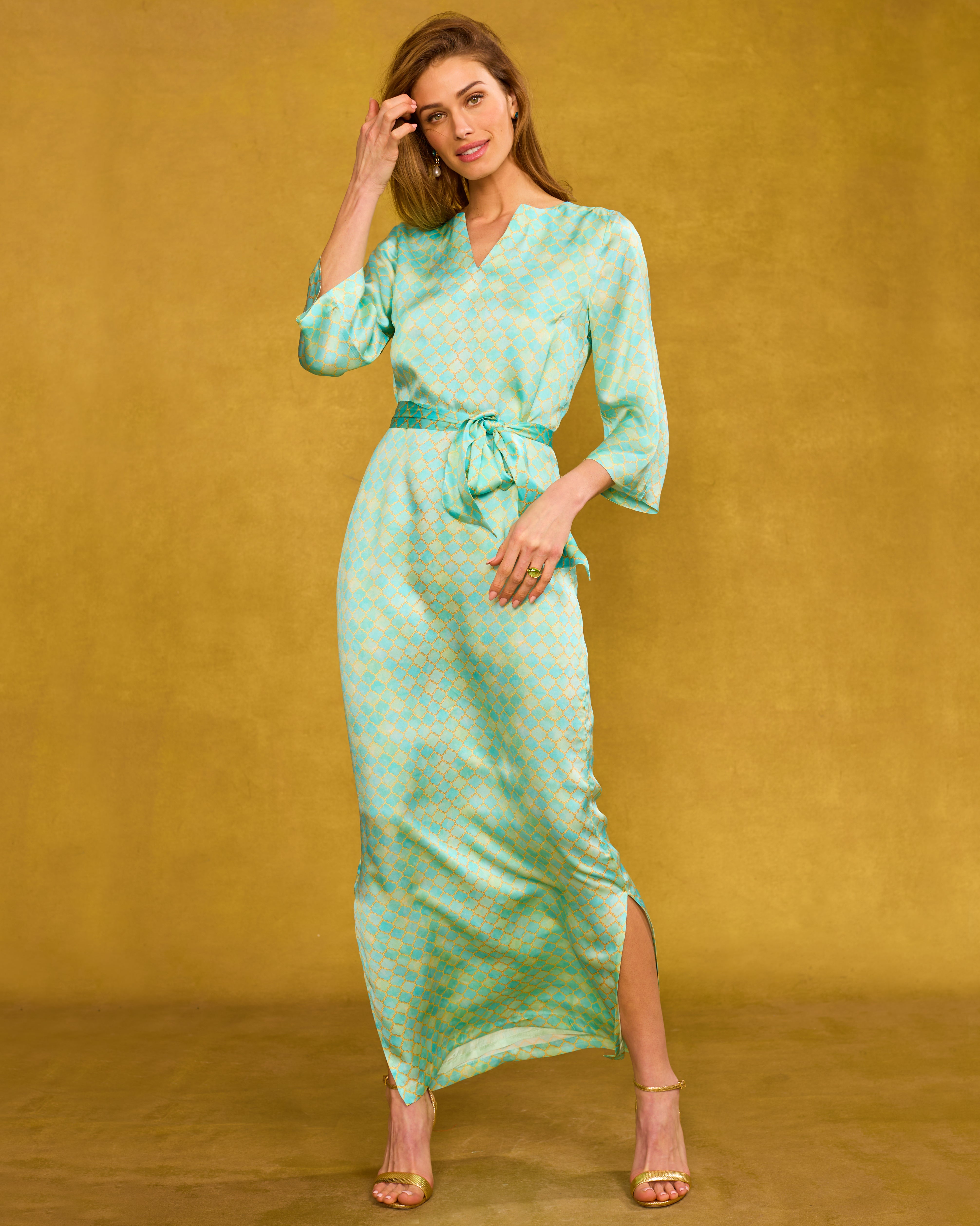 Majorelle Silk Dress in Mint Julep Alhambra fixing hair