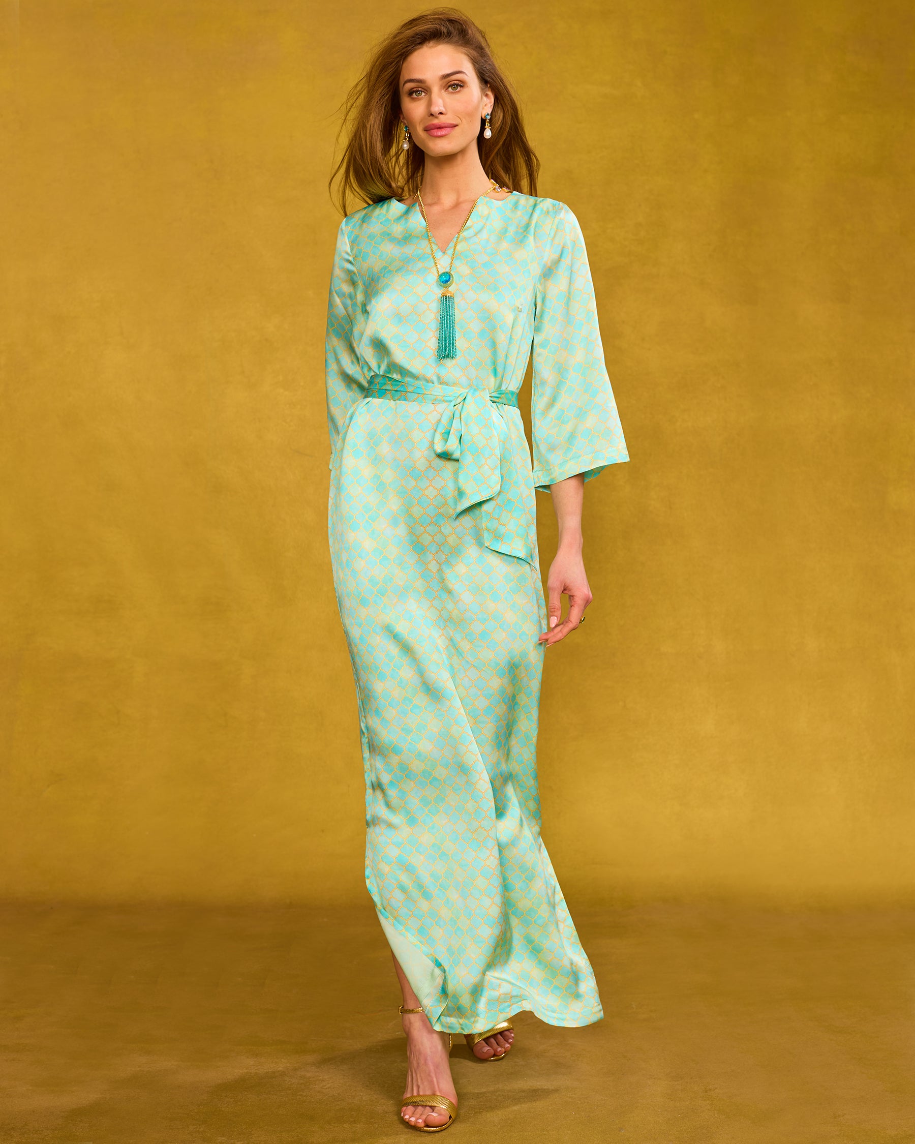Majorelle Silk Dress in Mint Julep Alhambra front view walking