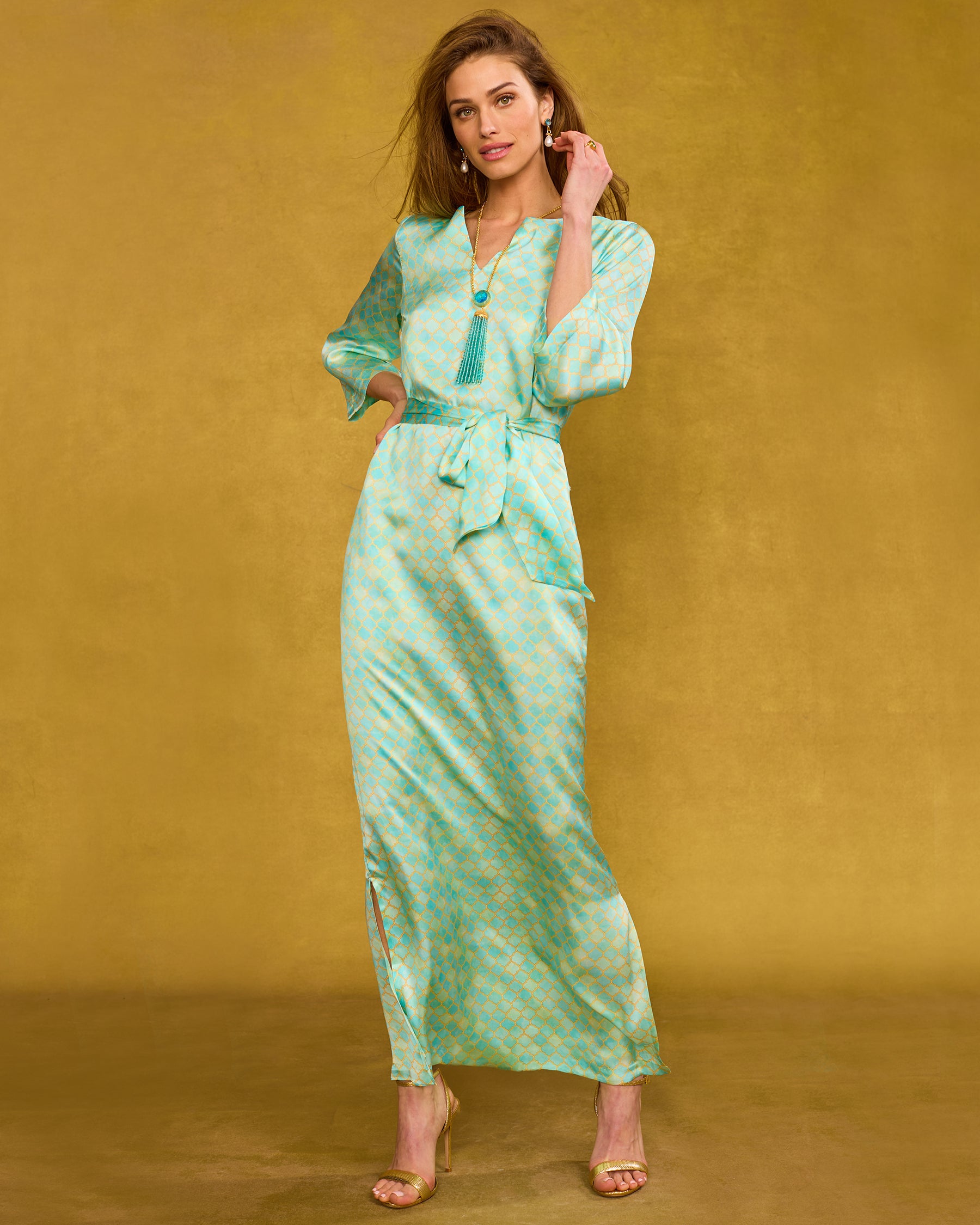 Majorelle Silk Dress in Mint Julep Alhambra front view