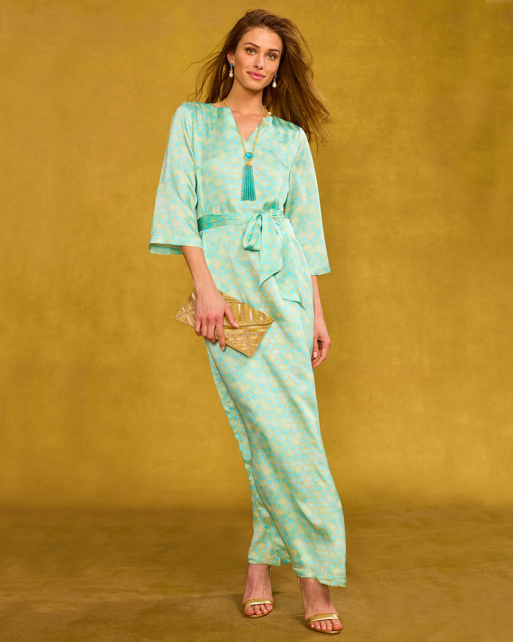 Majorelle Silk Dress in Mint Julep Alhambra front view looking at us