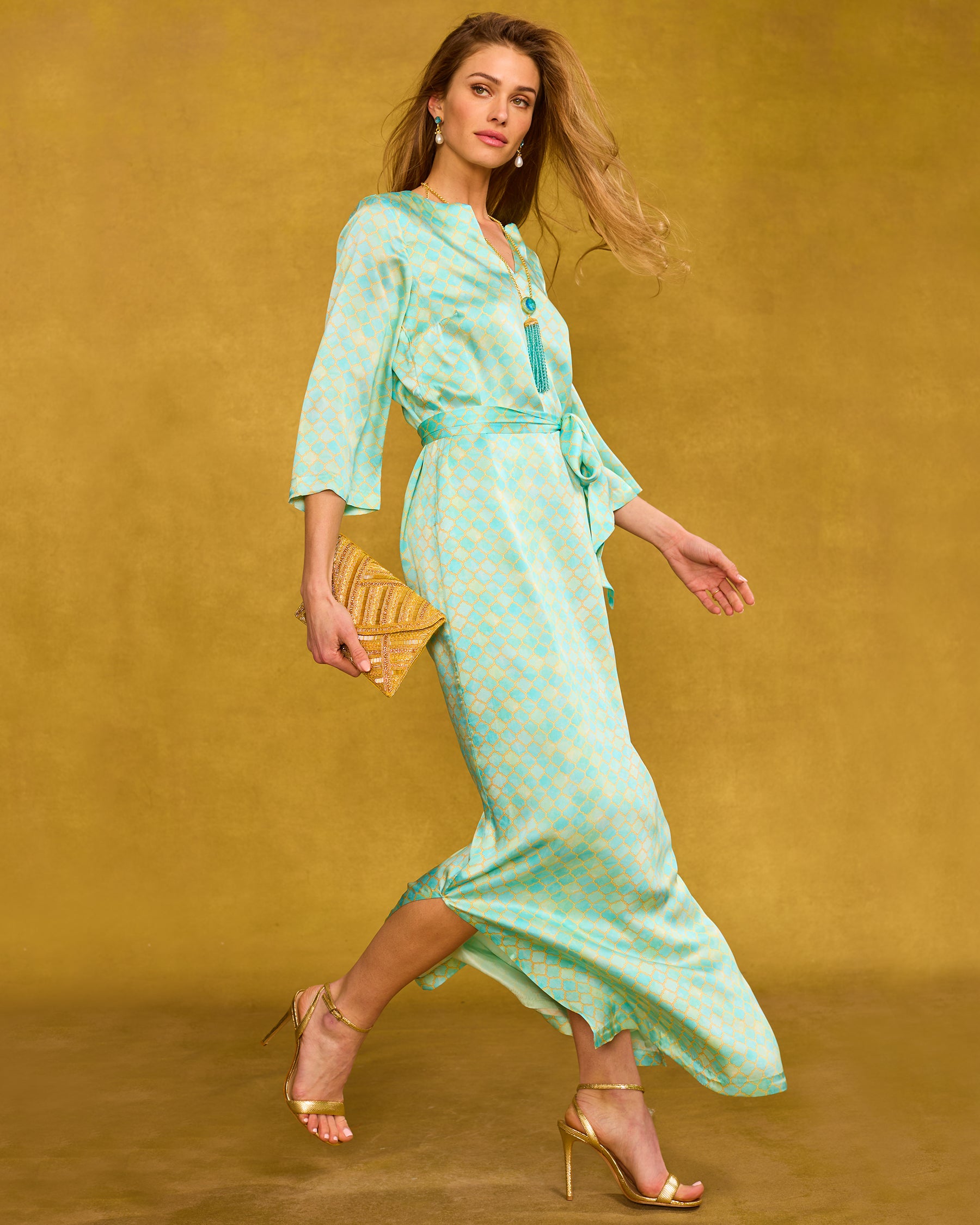 Majorelle Silk Dress in Mint Julep Alhambra side view walking