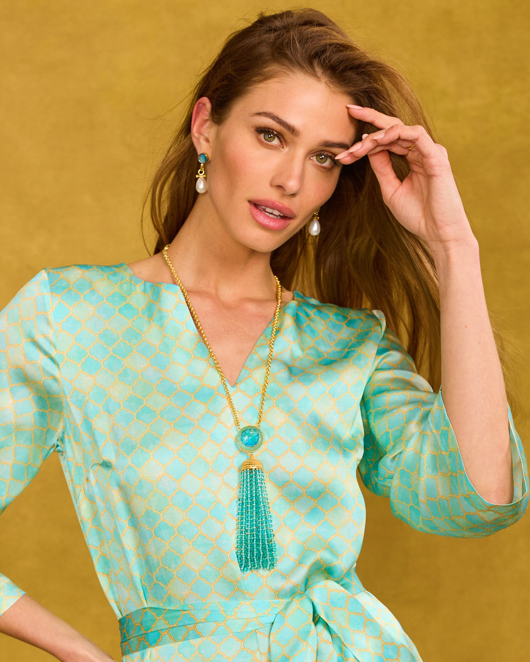 Inez Pearl Pendant Earrings in Aquamarine Crystal worn with the Majorelle Silk Dress in Mint Julep Alhambra