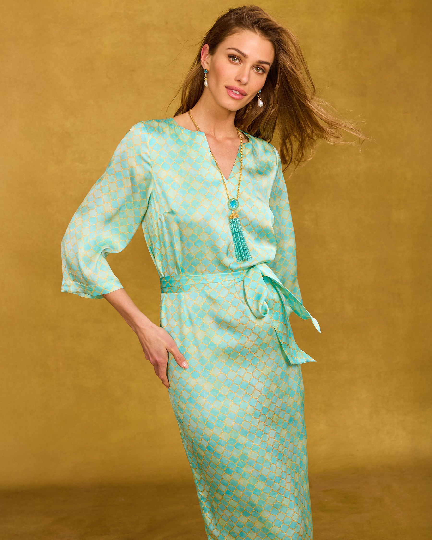 Majorelle Silk Dress in Mint Julep Alhambra portrait