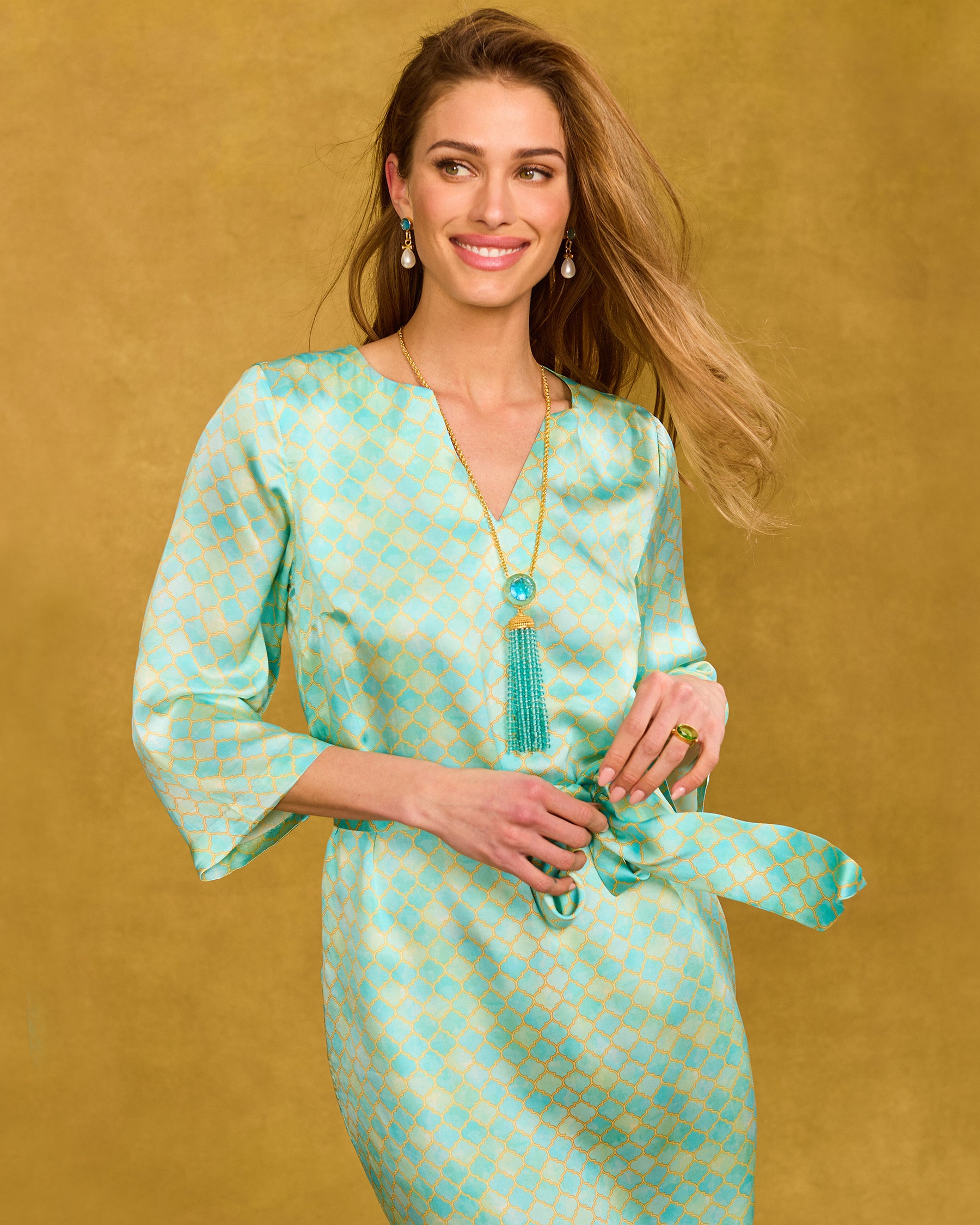 Atherton Aquamarine Tassel Pendant Necklace worn with the Majorelle Silk Dress in Mint Julep Alhambra