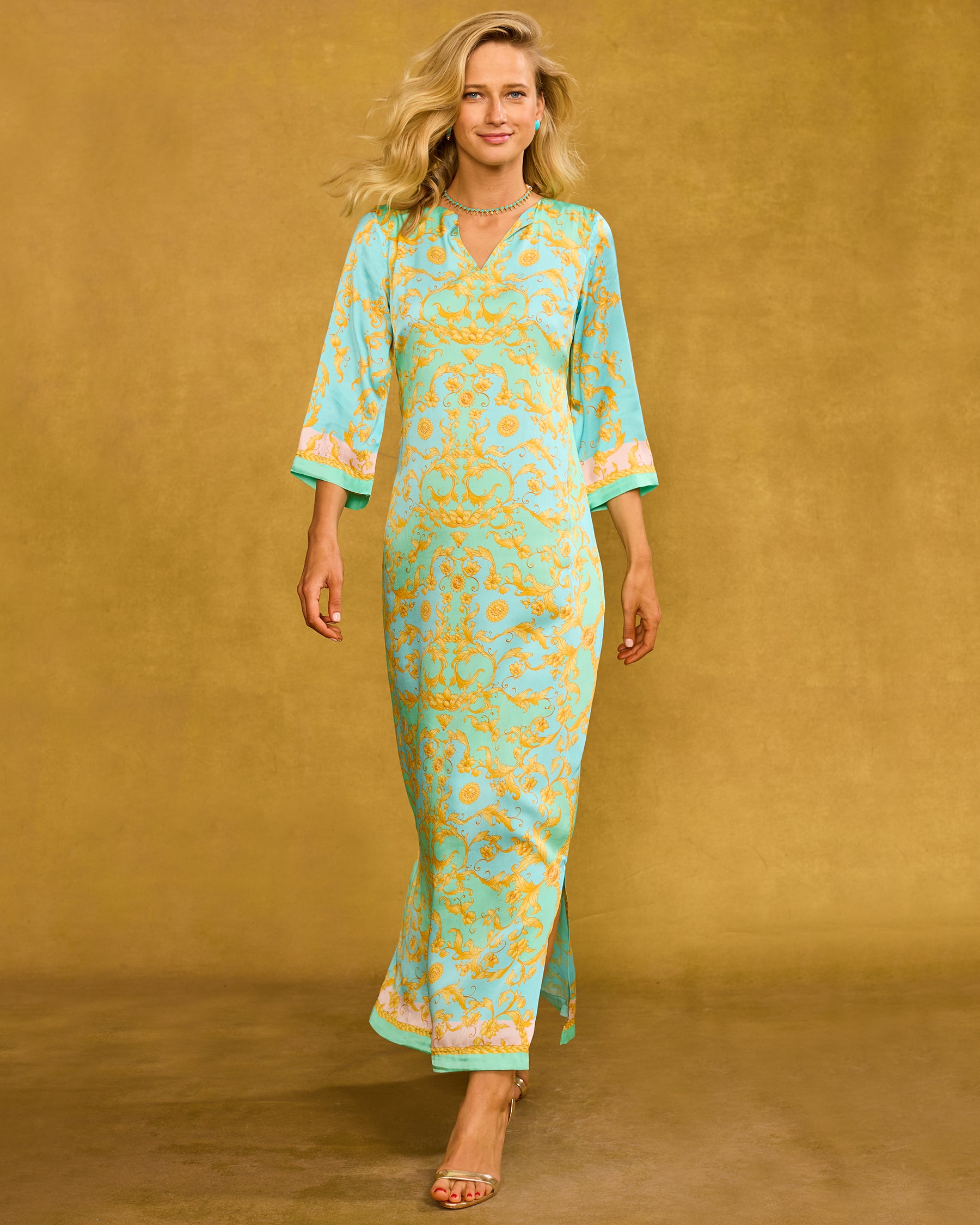 Majorelle Silk Dress in Pastel Rococo Print walking