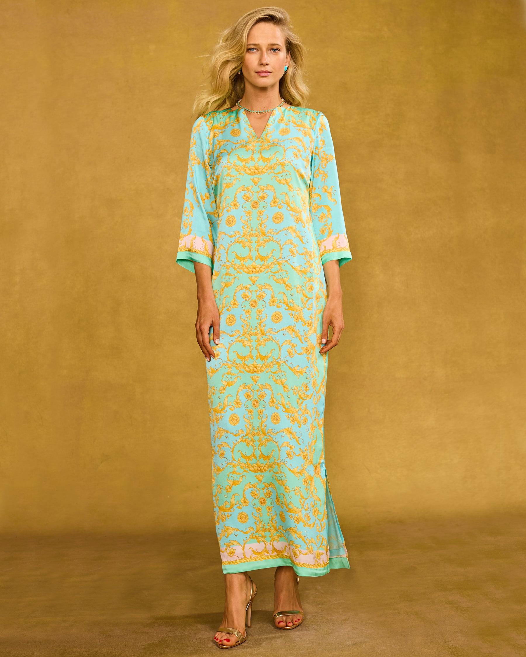 Majorelle Silk Dress in Pastel Rococo Print front view