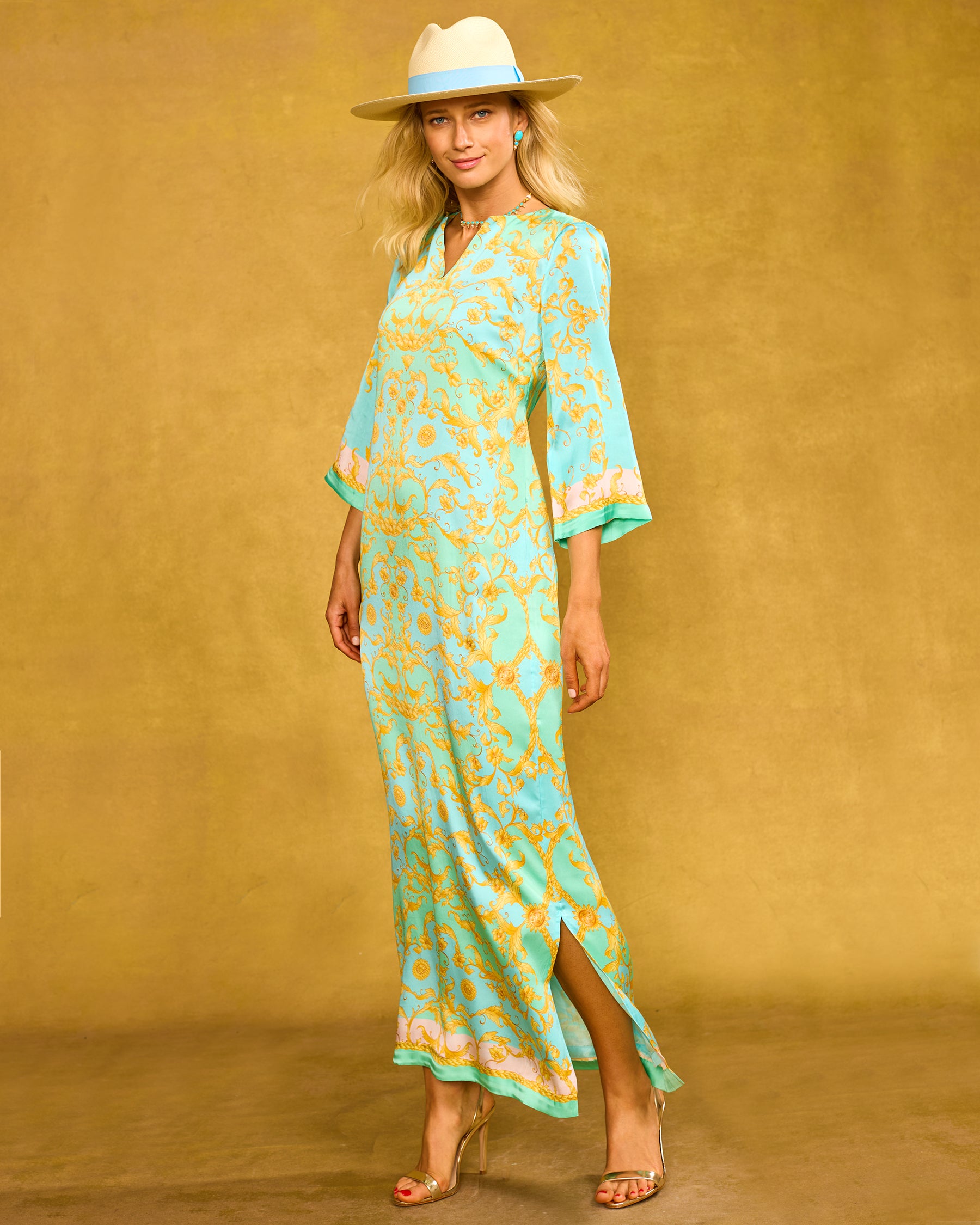 Majorelle Silk Dress in Pastel Rococo Print side view with Pippa Panama Straw Hat