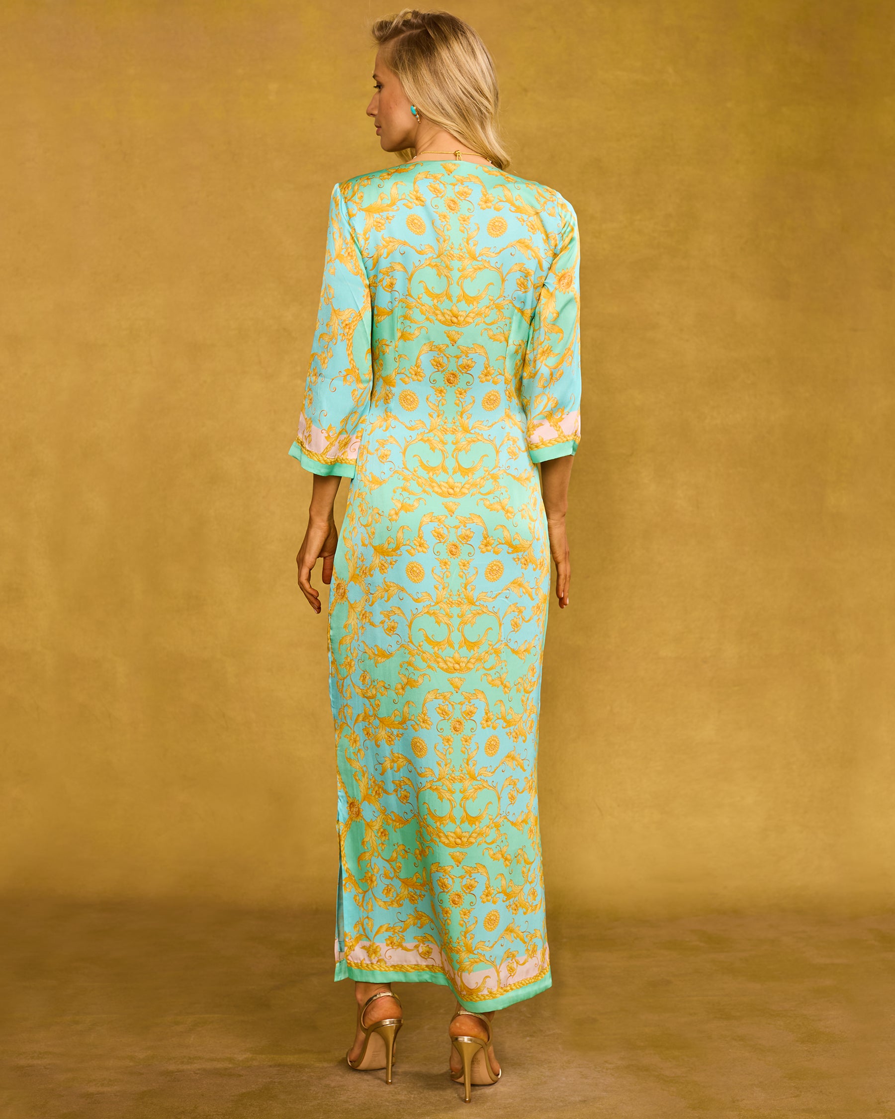 Majorelle Silk Dress in Pastel Rococo Print back view