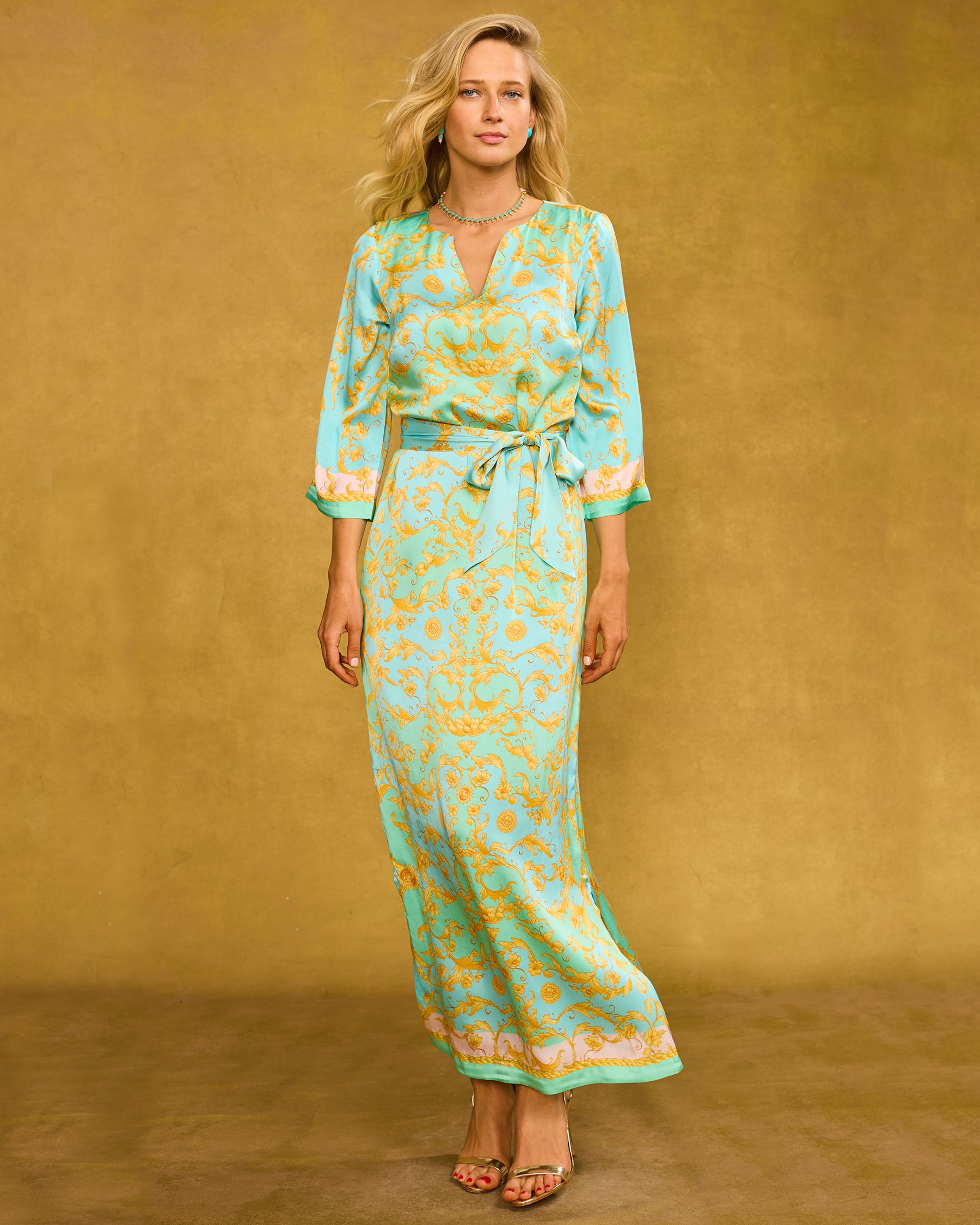 Majorelle Silk Dress in Pastel Rococo Print with self belt