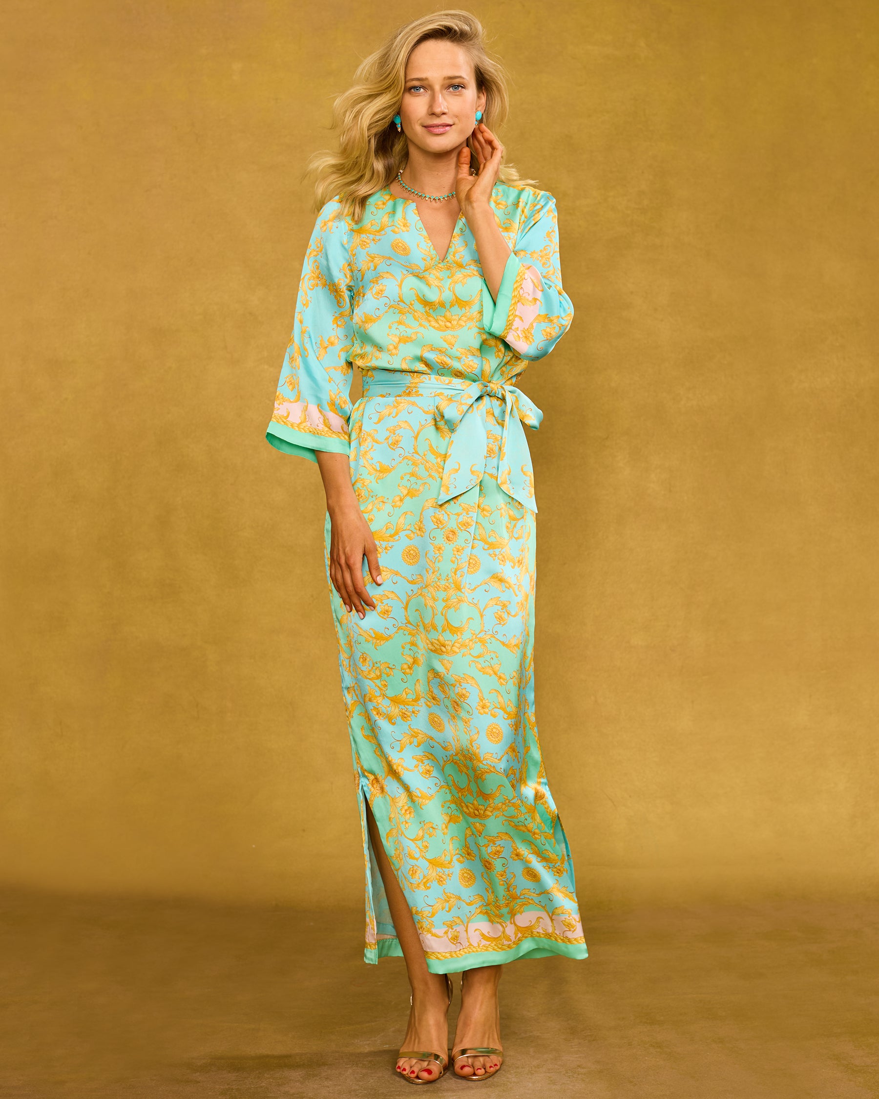Majorelle Silk Dress in Pastel Rococo Print with self belt and hand up