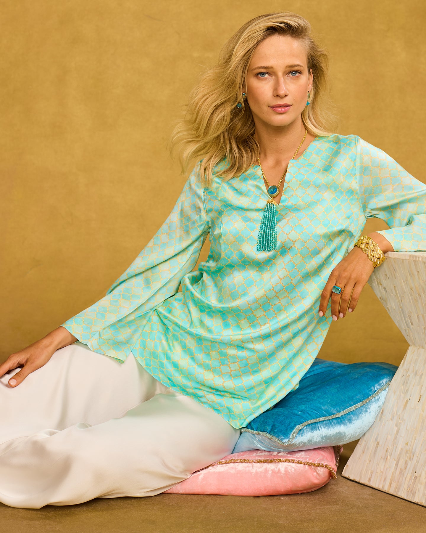 Majorelle Silk Tunic in Mint Julep Alhambra sitting