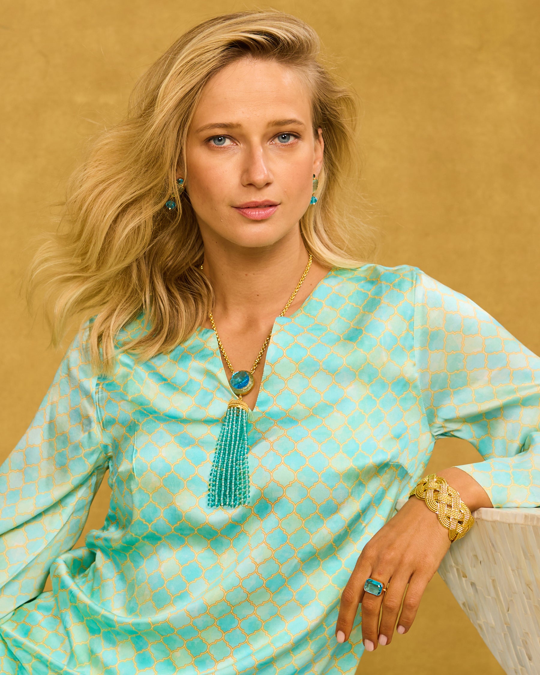 Piper Nautical Rope Cuff Bracelet worn with the Majorelle Silk Tunic in Mint Julep Alhambra