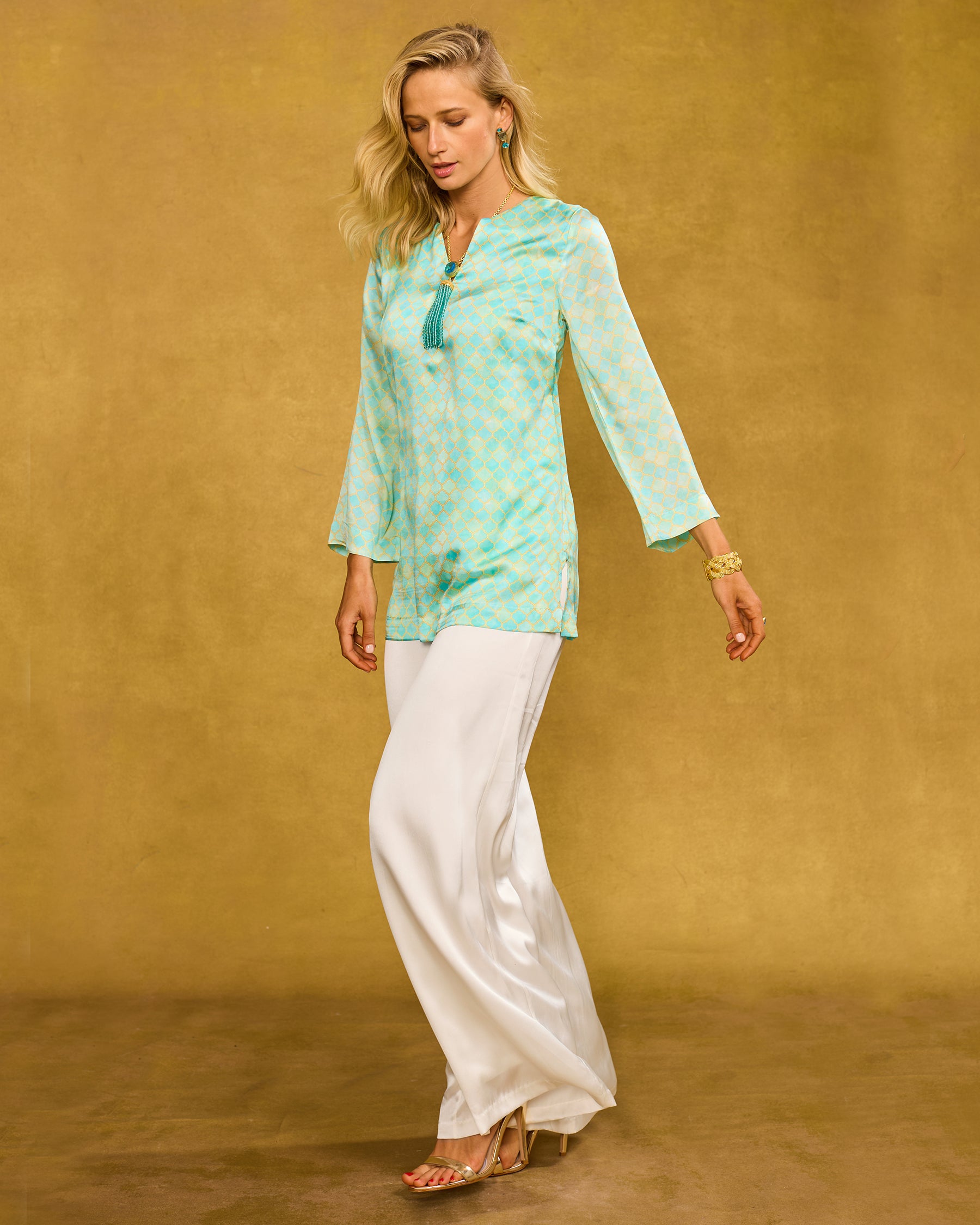 Majorelle Silk Tunic in Mint Julep Alhambra side view walking