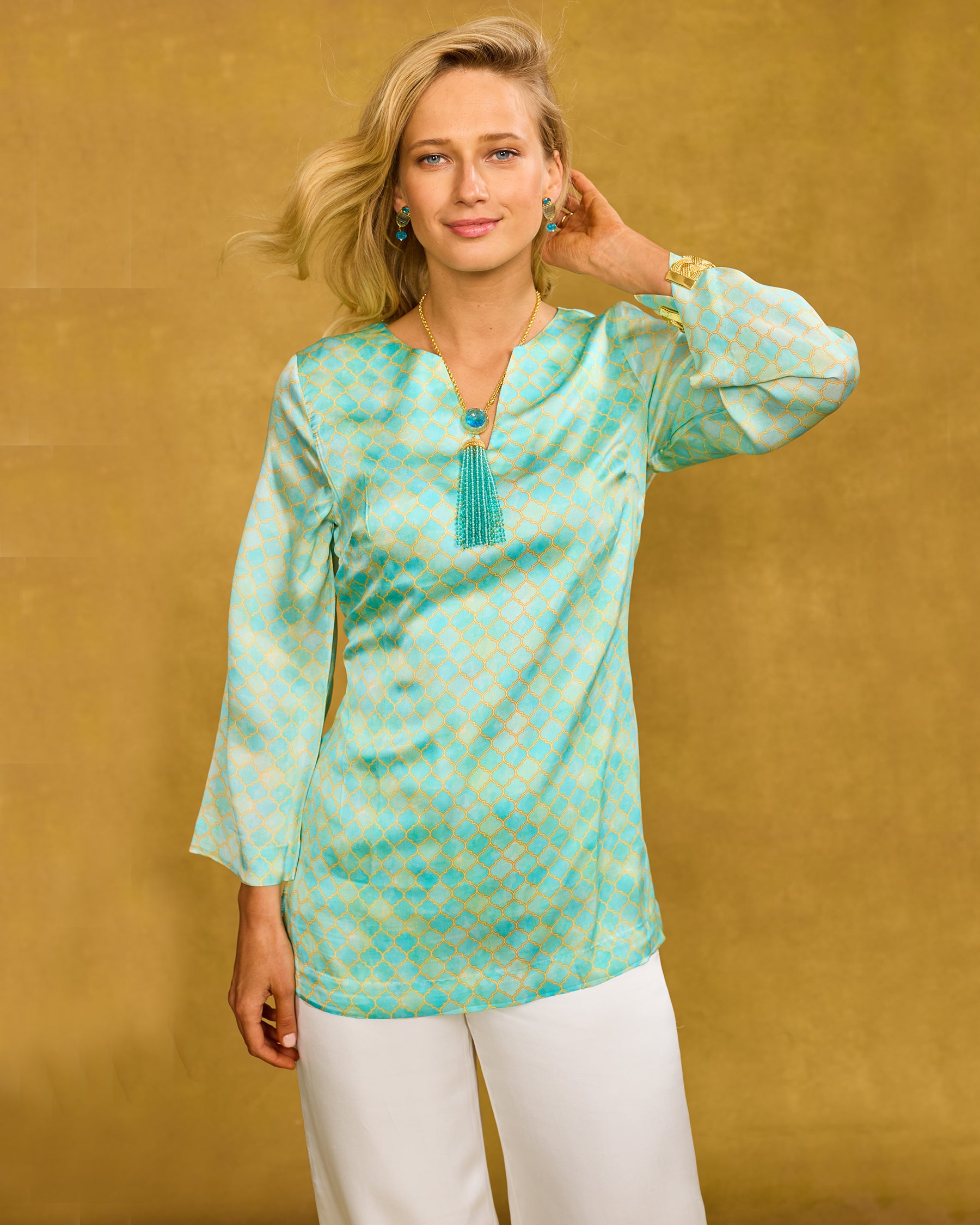 Majorelle Silk Tunic in Mint Julep Alhambra closer view