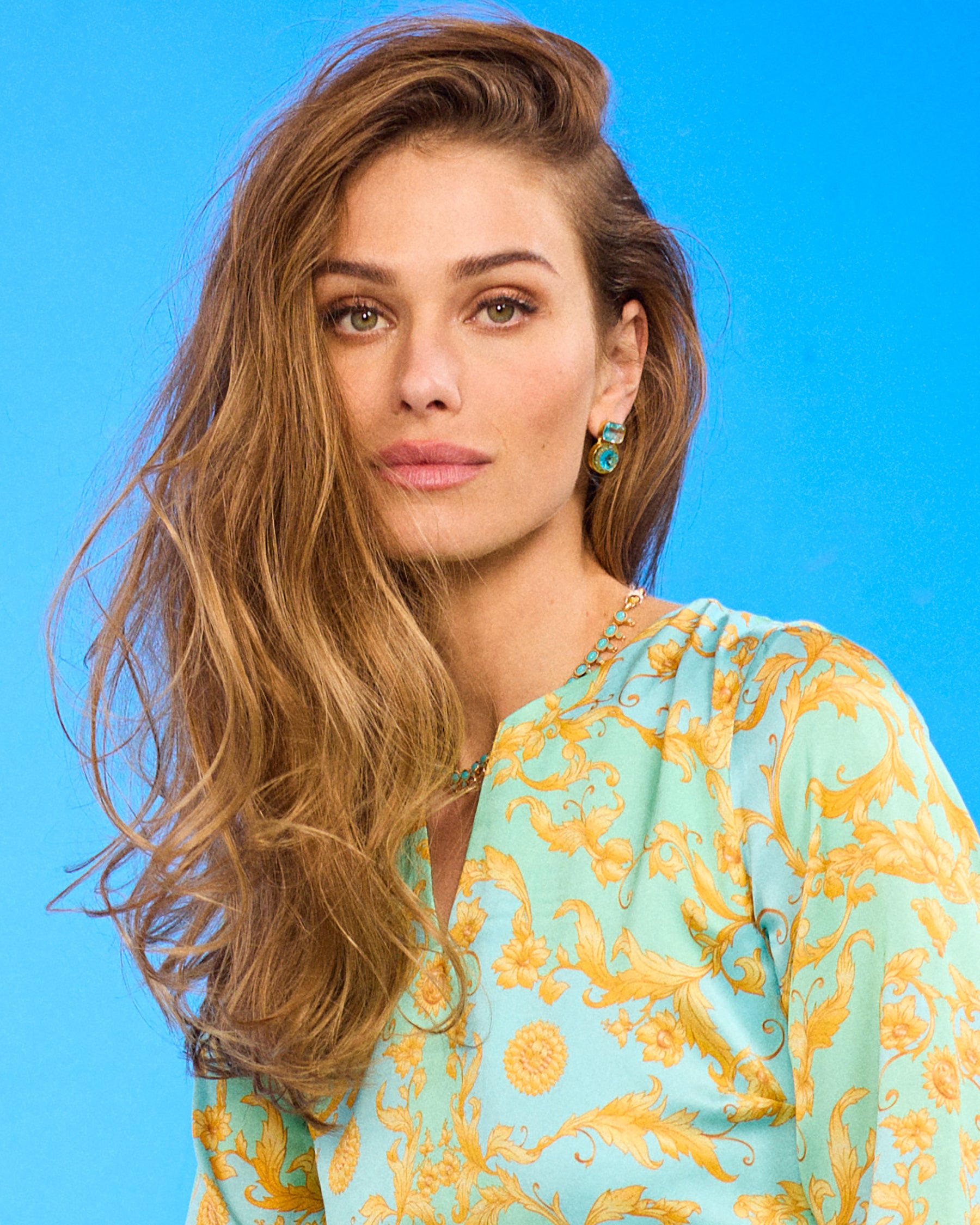 Atherton Miniature Earrings in Ibiza Blues worn with the Majorelle Silk Tunic in Pastel Rococo Print