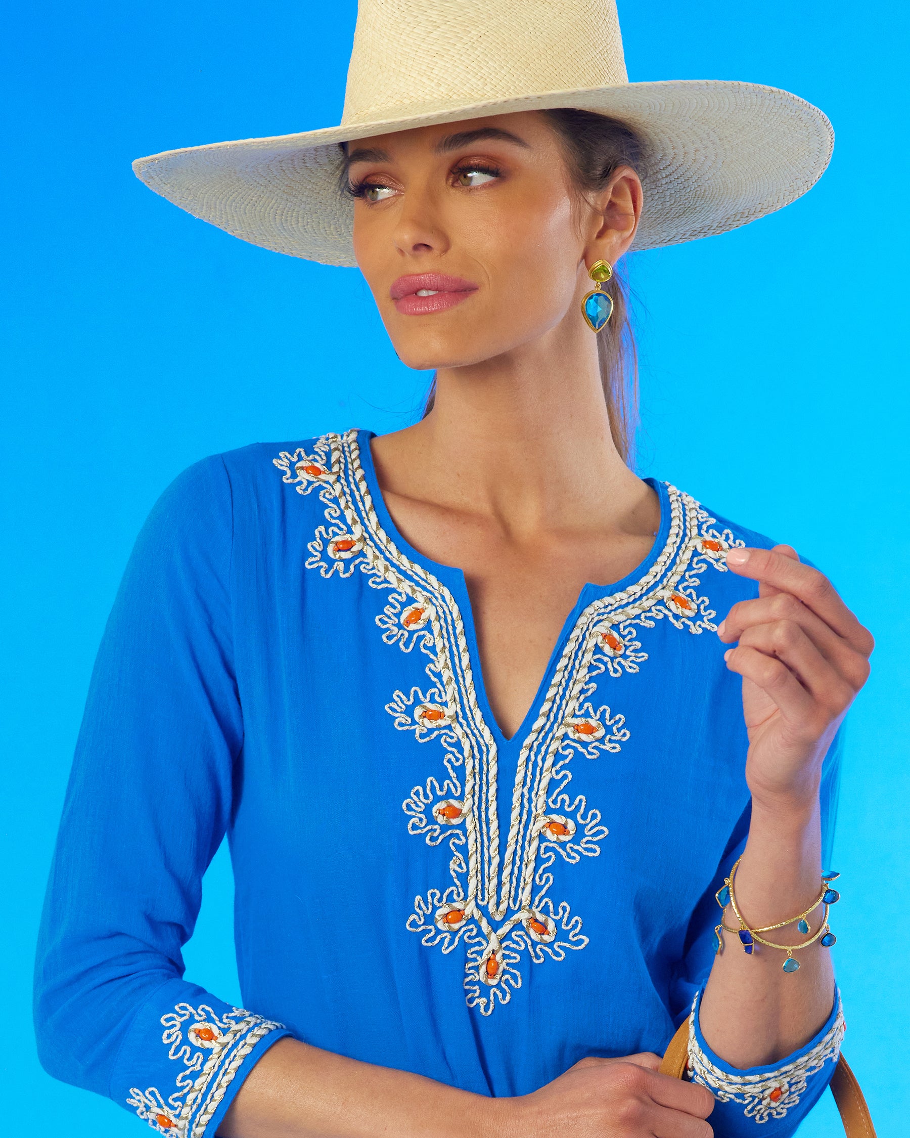 Mallorca Tunic with Coral Embellishment-Portrait View