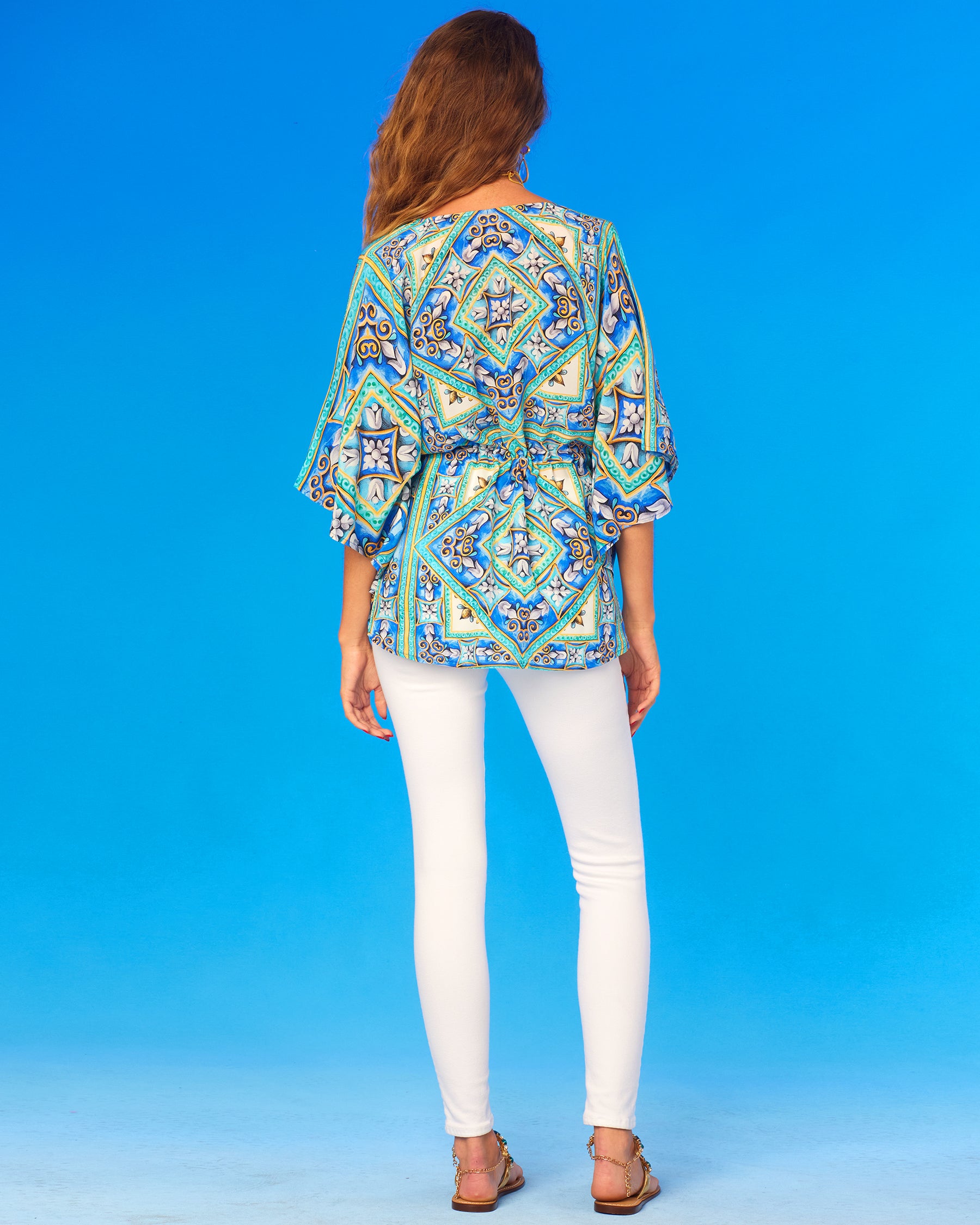 Marbella Cinched Poncho in Silk Crepe-Back View