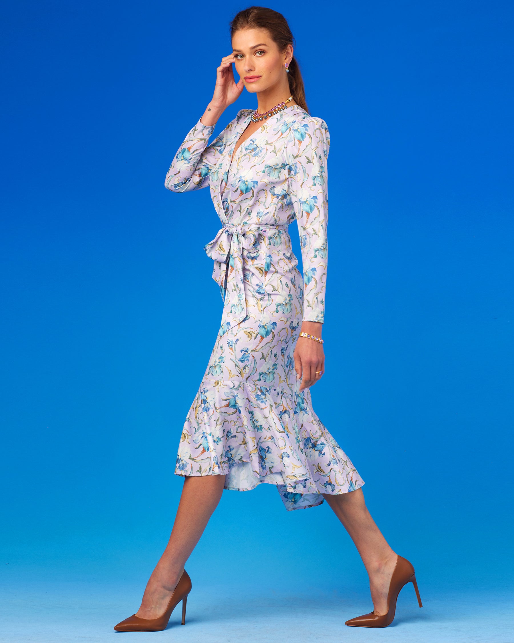Marielle Midi Ruffle Dress in Lavender Iris-Walking side view
