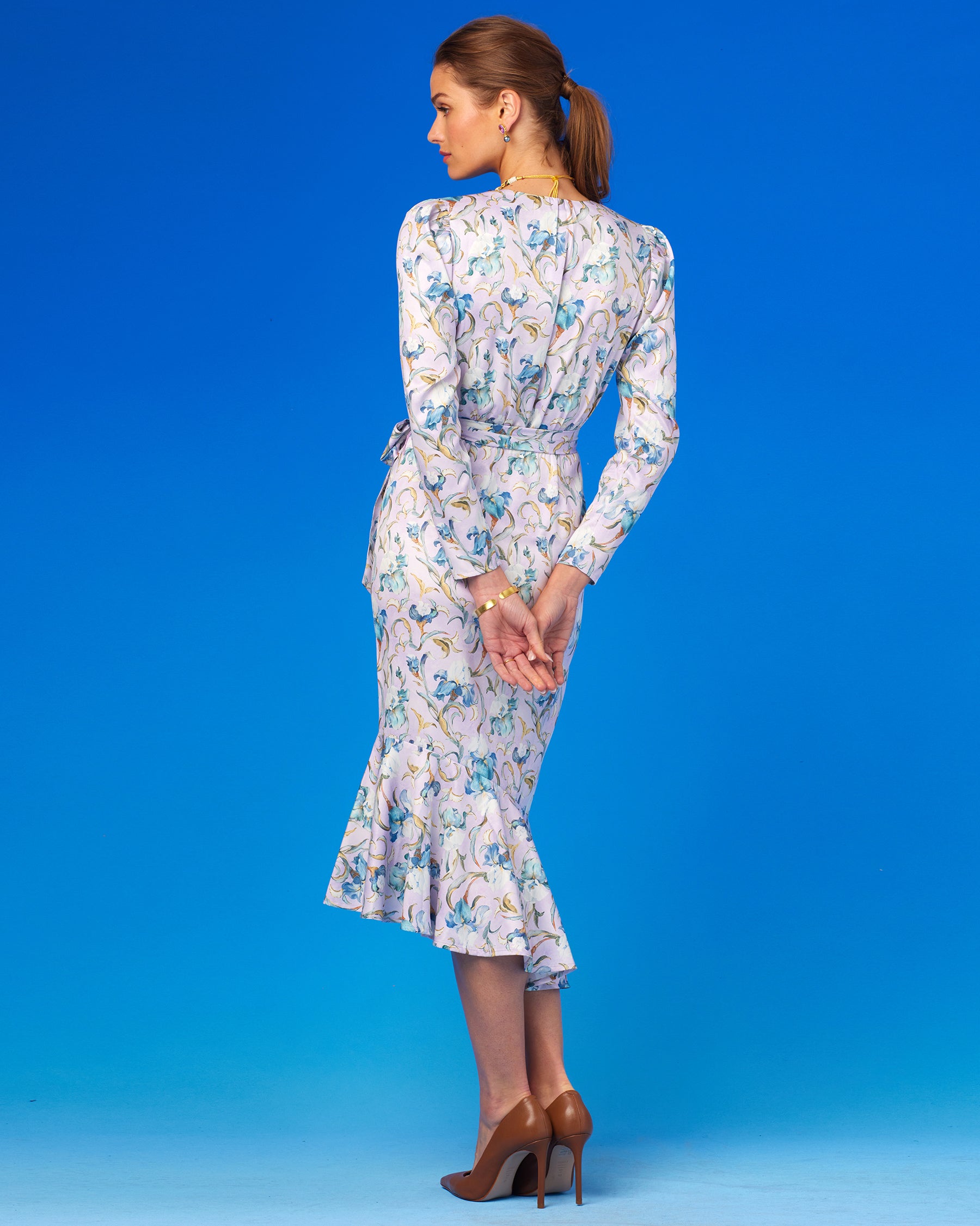 Marielle Midi Ruffle Dress in Lavender Iris-Back View