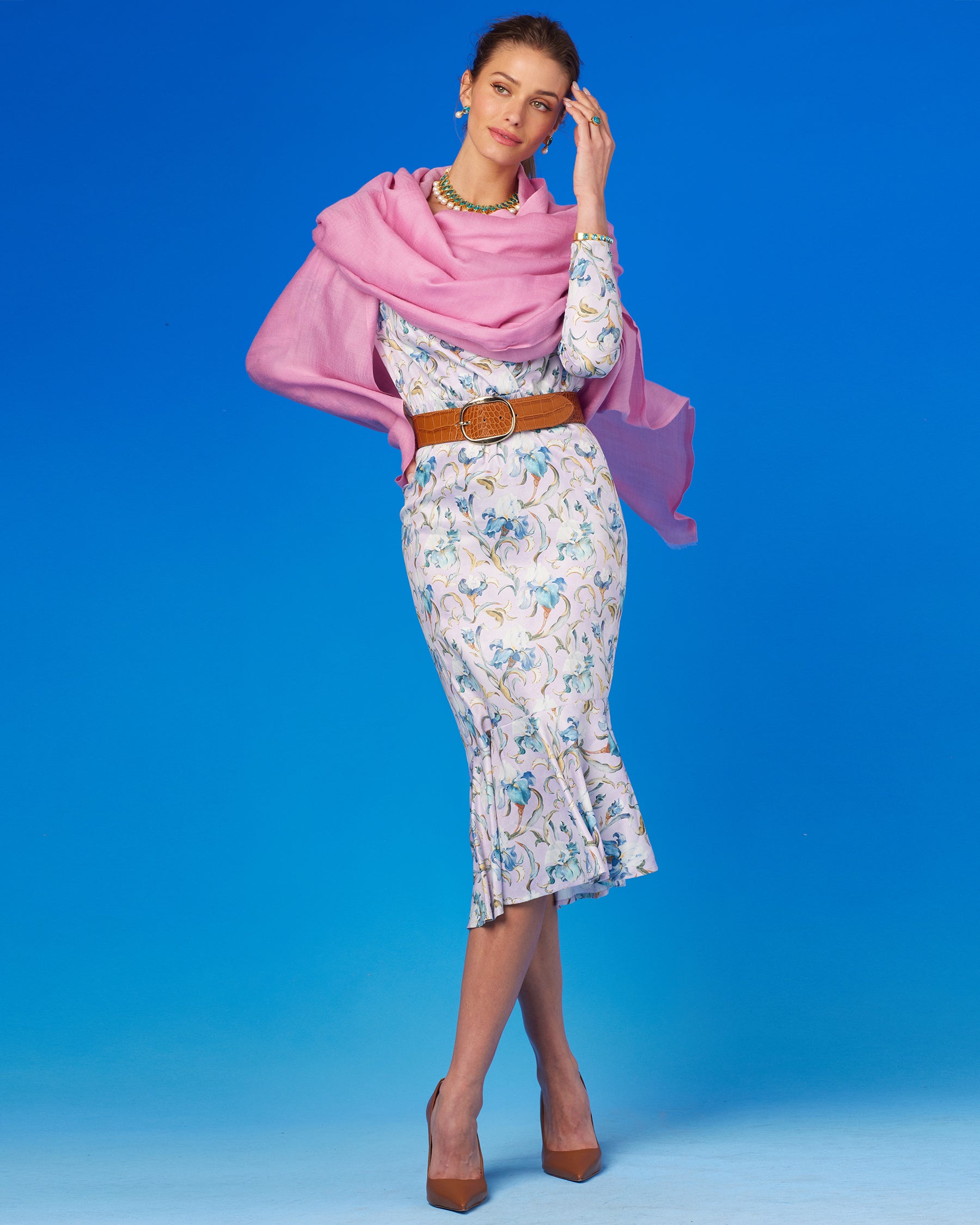 Marielle Midi Ruffle Dress in Lavender Iris-Full front view with shawl