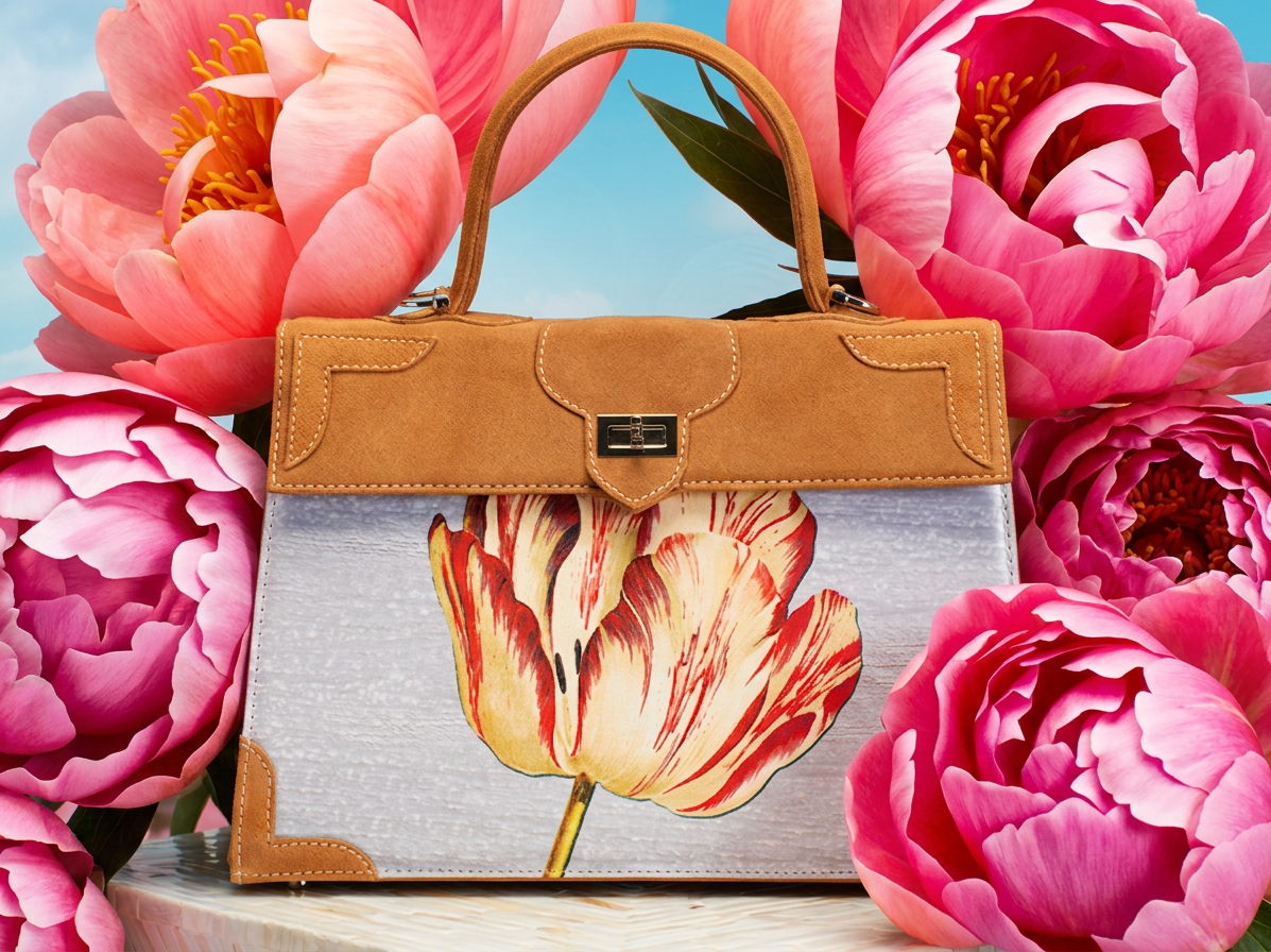 A structured handbag with tan suede trim and a silver-gray body, featuring a large tulip illustration on the front. The bag is surrounded by large pink peony flowers against a light blue sky background.