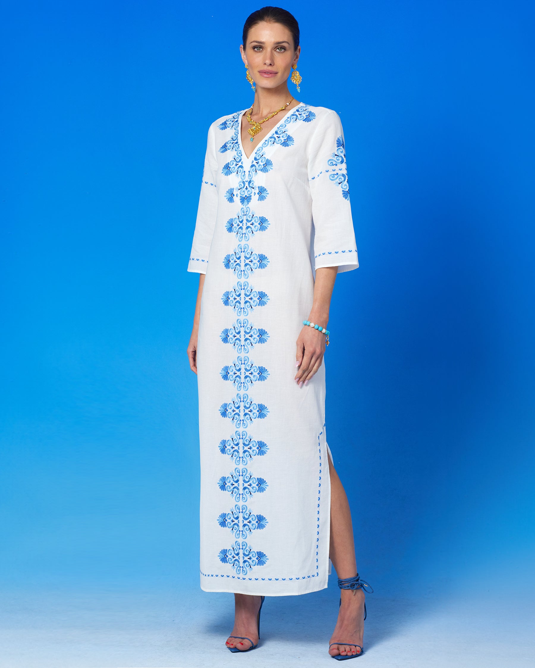 Menorca Long Kaftan Dress and Grecian Motif Embroidery-Front full view