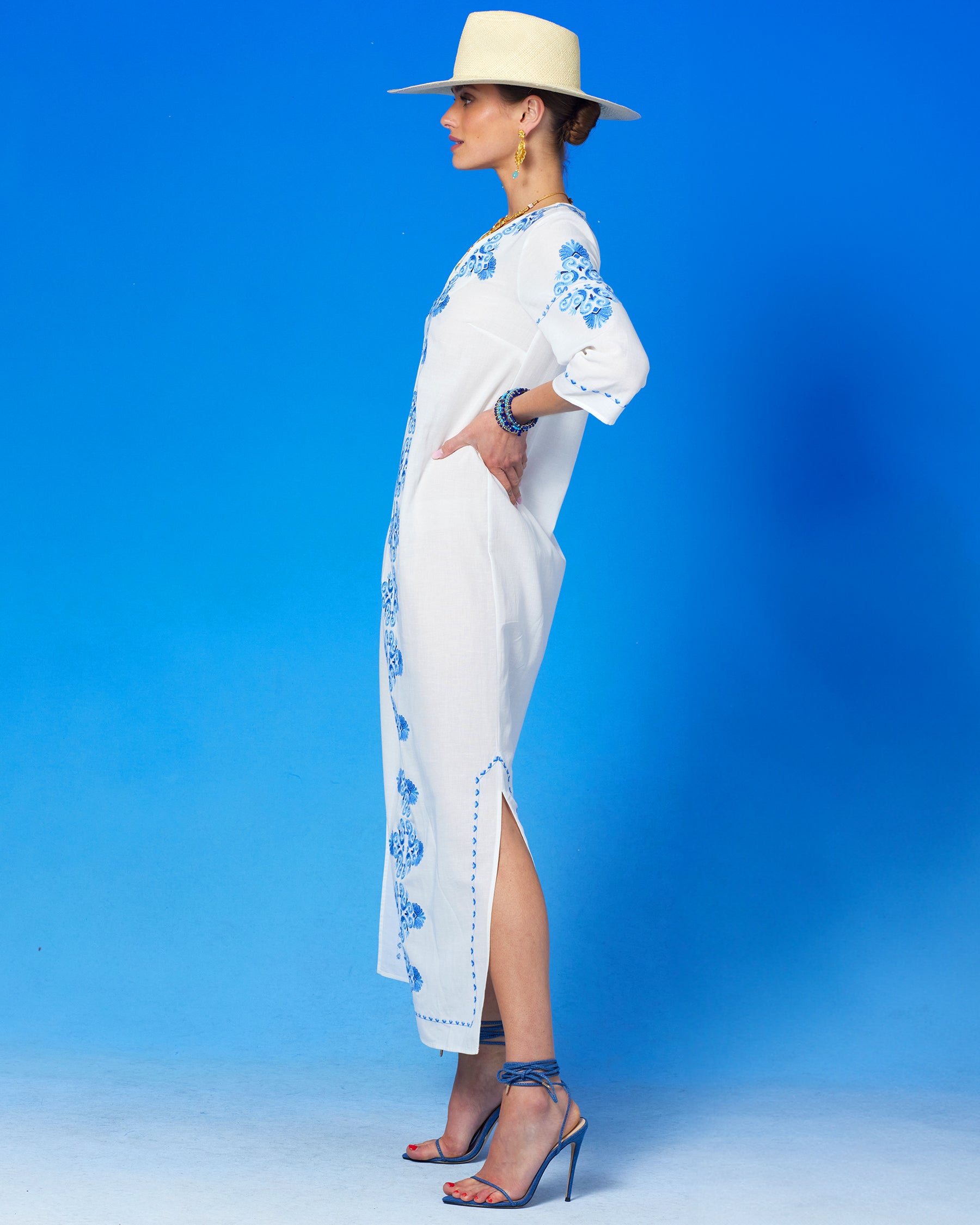 Menorca Long Kaftan Dress and Grecian Motif Embroidery-Side view
