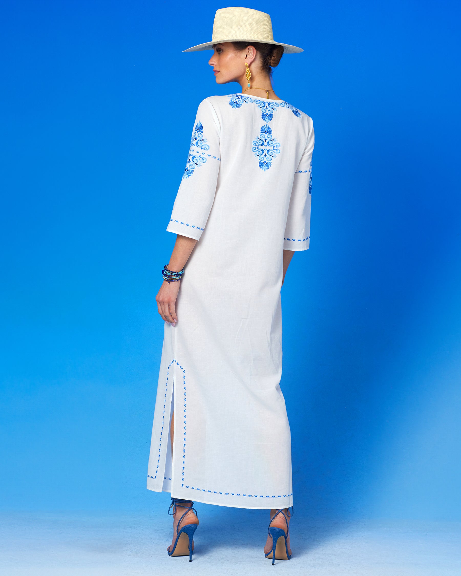 Menorca Long Kaftan Dress and Grecian Motif Embroidery in White