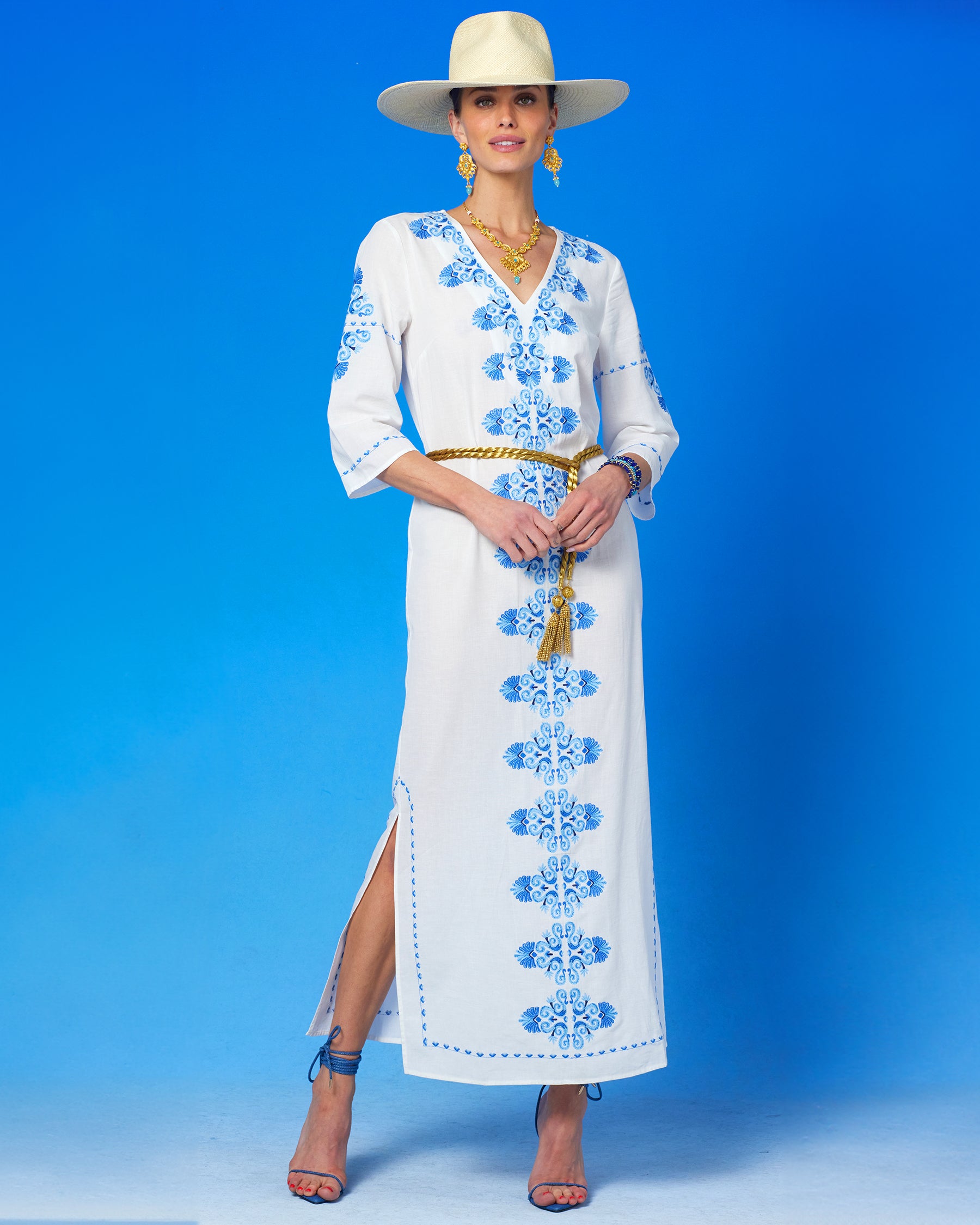 Menorca Long Kaftan Dress and Grecian Motif Embroidery-Front full view with the waist cinched with the Artemis Gold Rope Belt