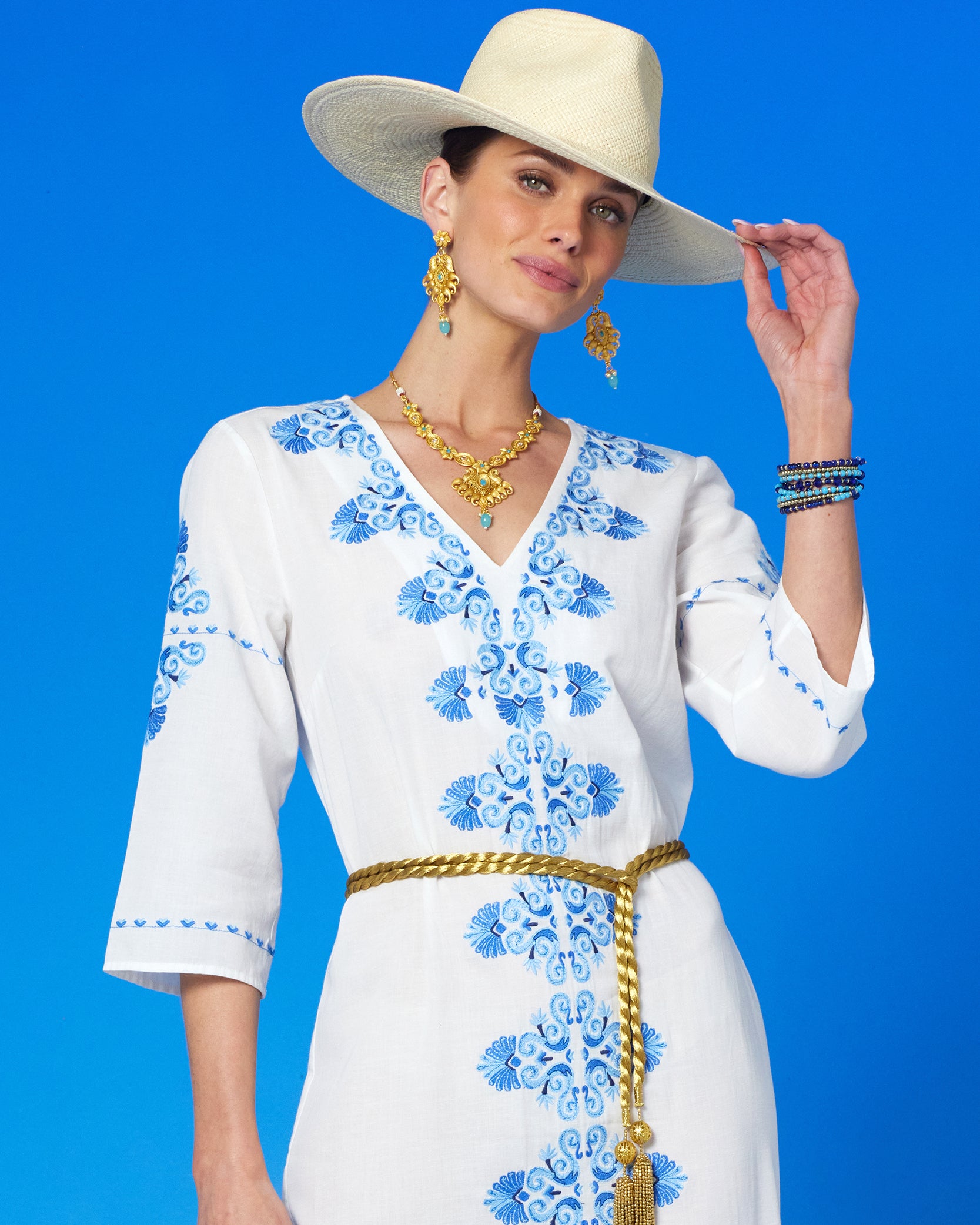Aria Earrings in Gold Plated Filigree and Aquamarine-Worn with the Menorca Long Kaftan Dress and Grecian Motif Embroidery
