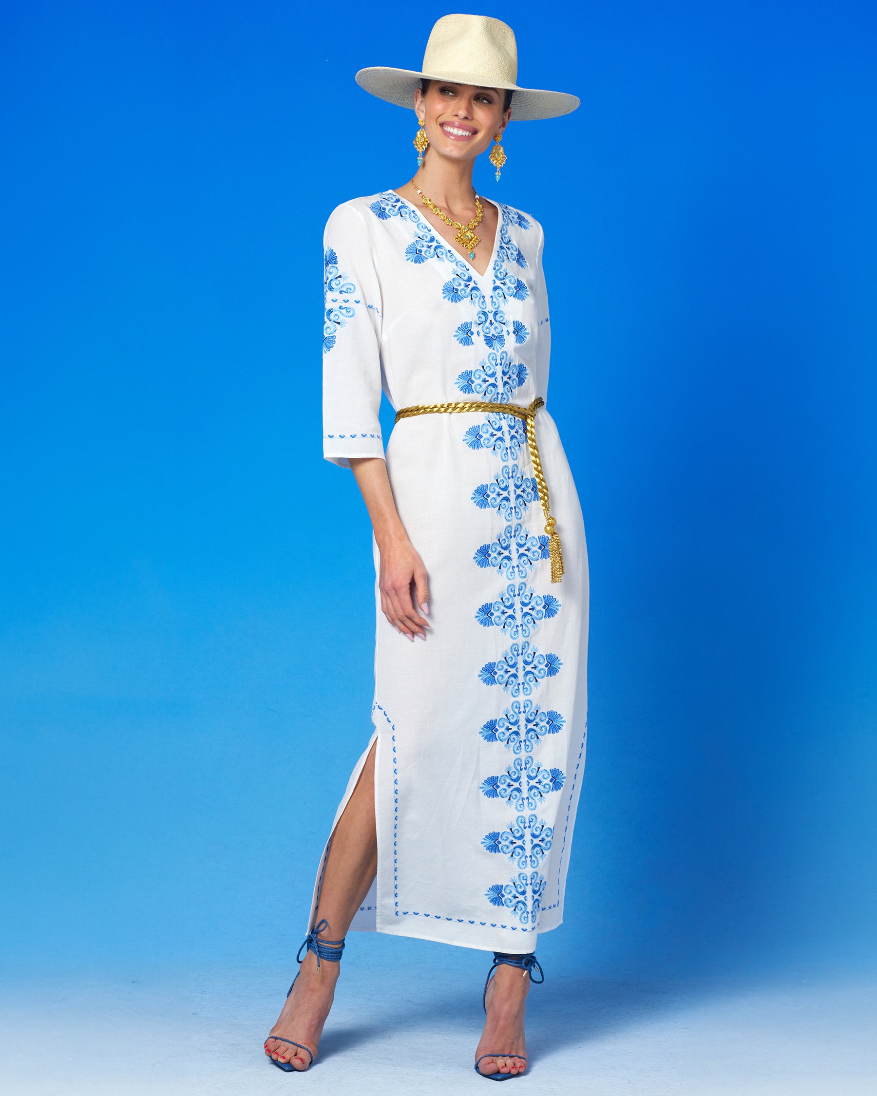 Menorca Long Kaftan Dress and Grecian Motif Embroidery-Front full view with the waist cinched with the Artemis Gold Rope Belt
