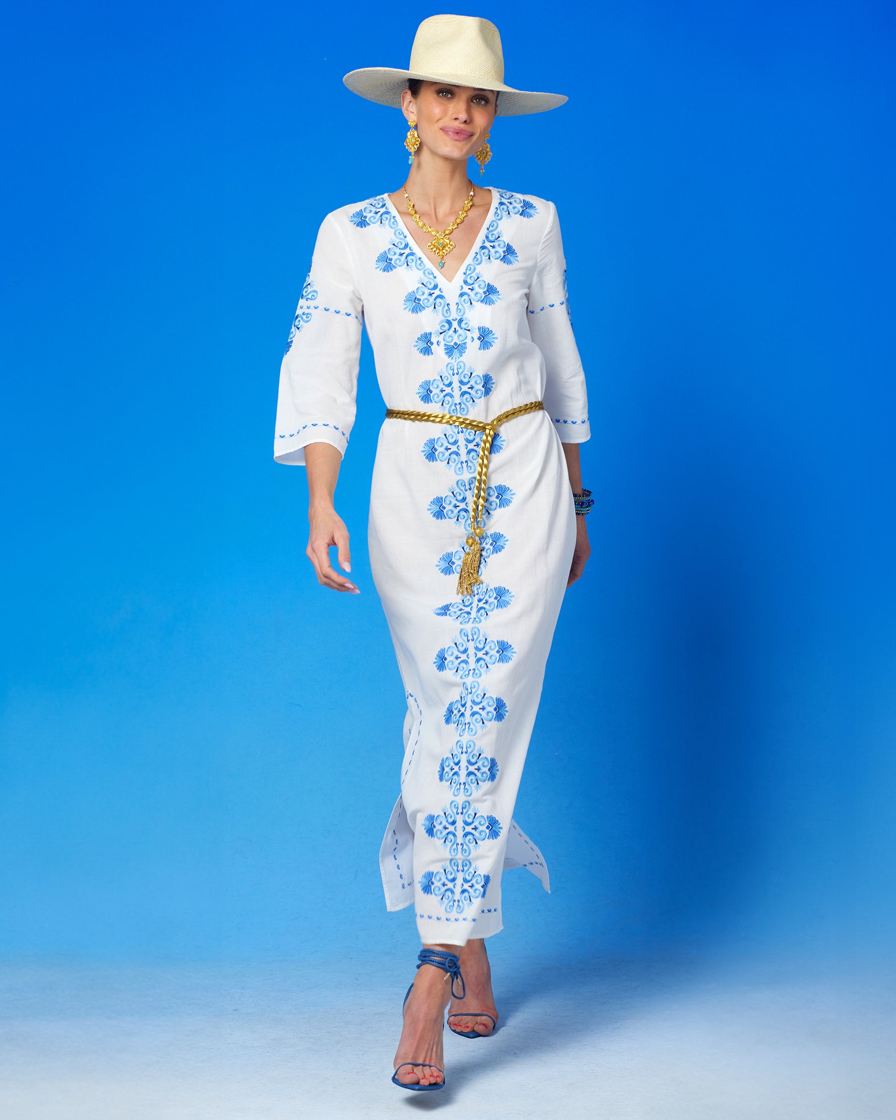 Menorca Long Kaftan Dress and Grecian Motif Embroidery-Front view walking