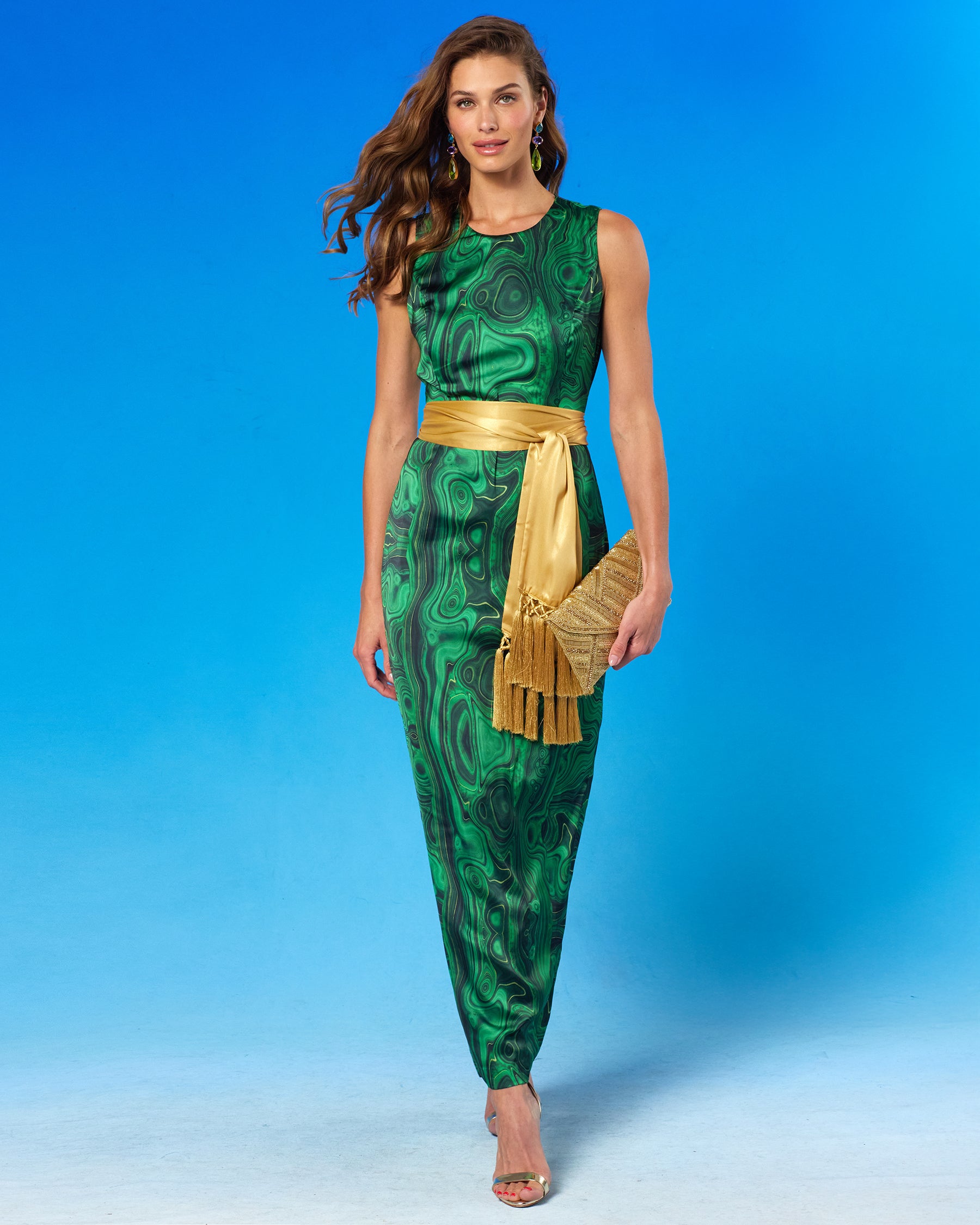 Natalie Long Sheath Dress in Precious Malachite front walking view