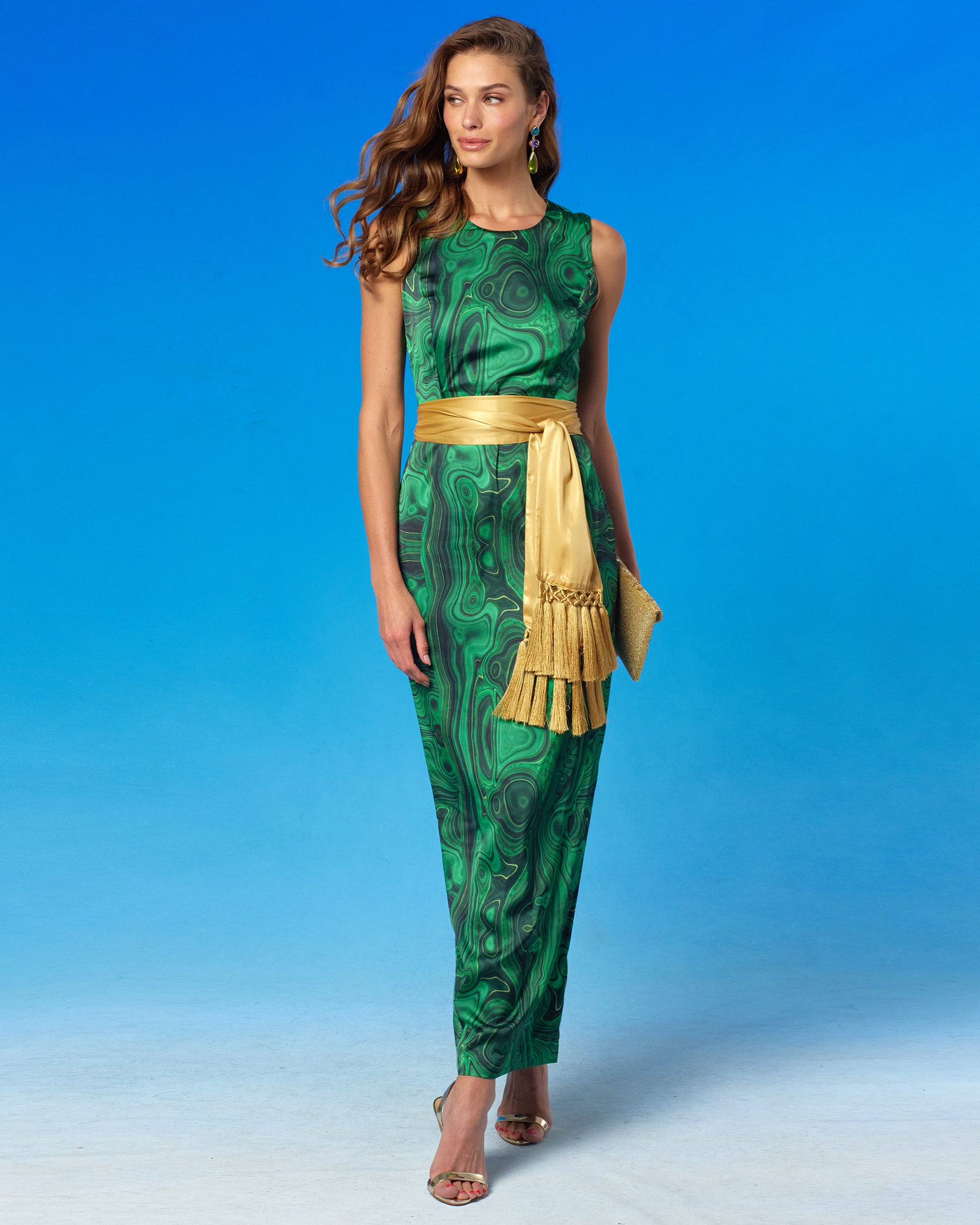Natalie Long Sheath Dress in Precious Malachite front view