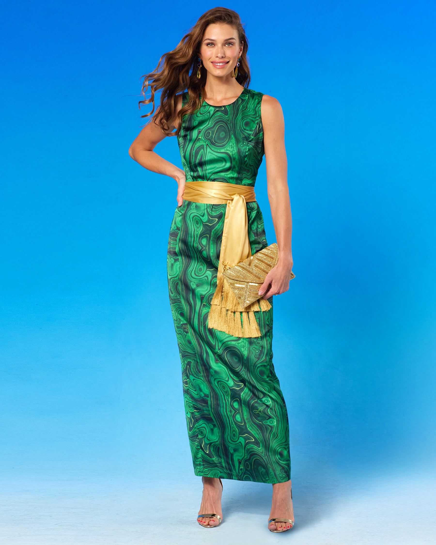 Natalie Long Sheath Dress in Precious Malachite front full view