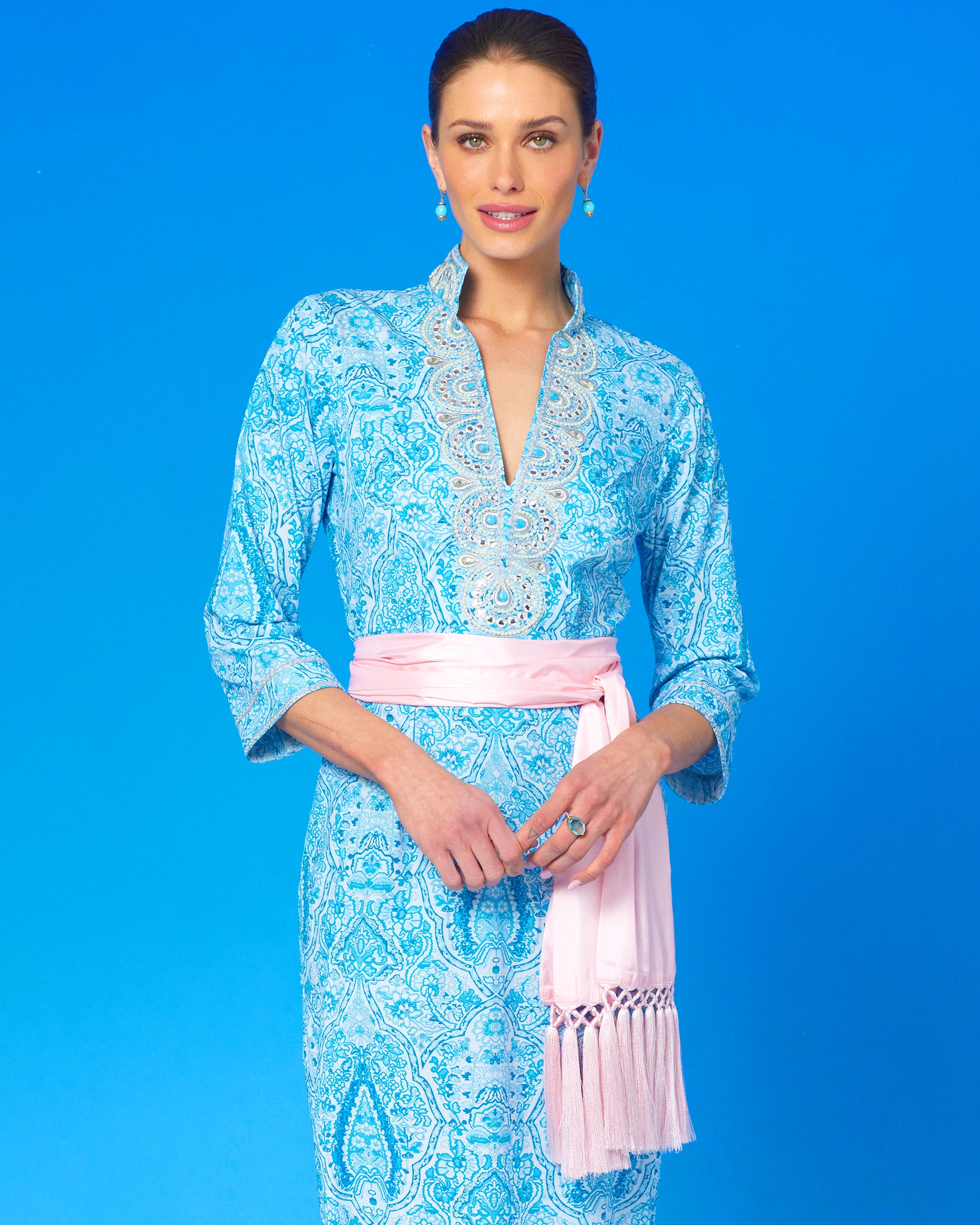 Cosima Sash Belt in Blush Pink worn with the Noor Long Tunic Dress in Turquoise Paisley