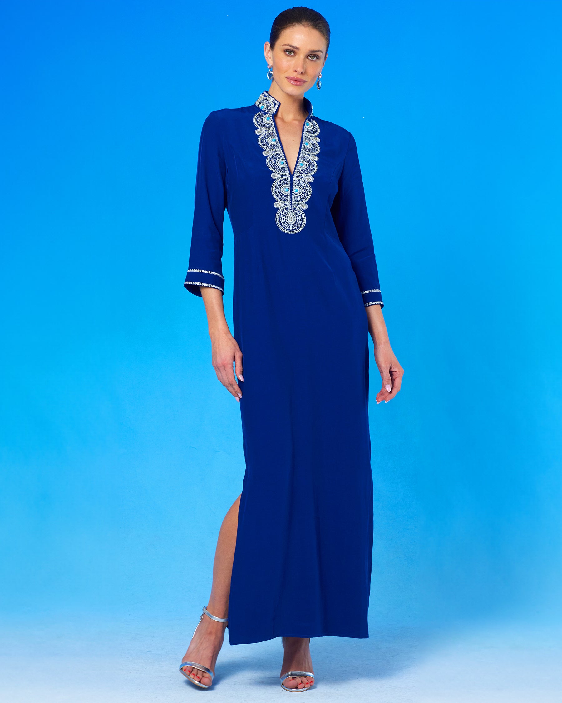 Noor Long Navy Tunic Dress with Silver Embellishment front view