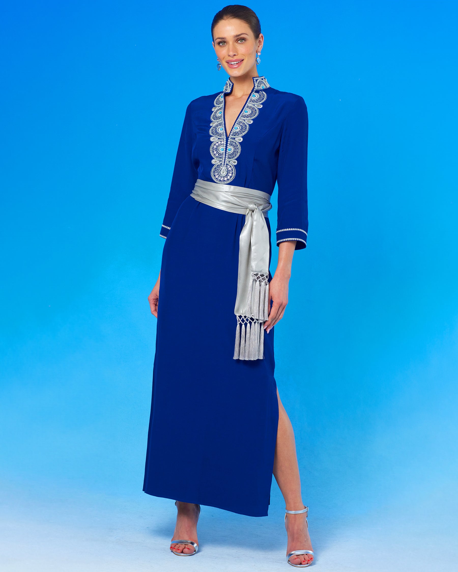 Noor Long Navy Tunic Dress with Silver Embellishment with the waist cinched with Cosima Sash Belt in Silver Shimmer
