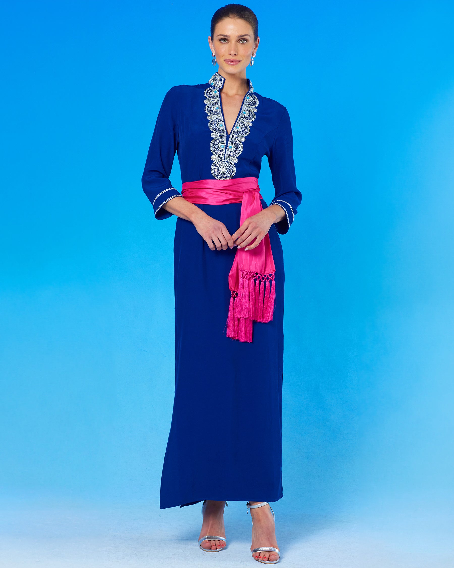 Noor Long Navy Tunic Dress with Silver Embellishment with the waist cinched with the Cosima Sash Belt in Fuchsia Hot Pink