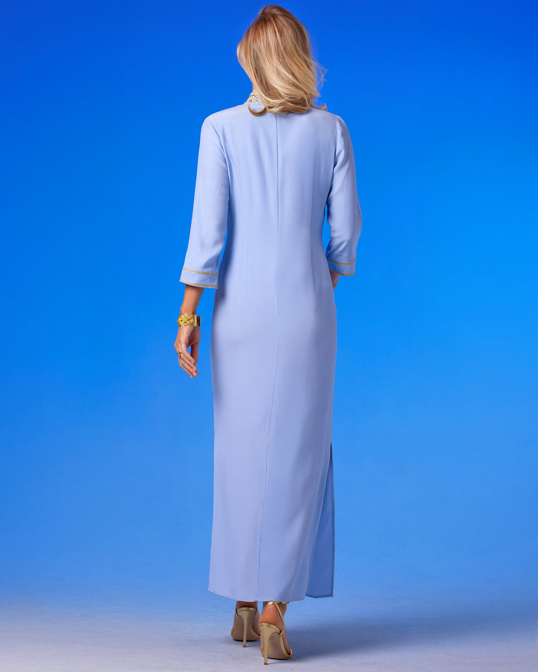 Noor Long Robin Egg BlueTunic Dress with Gold Embellishment back view