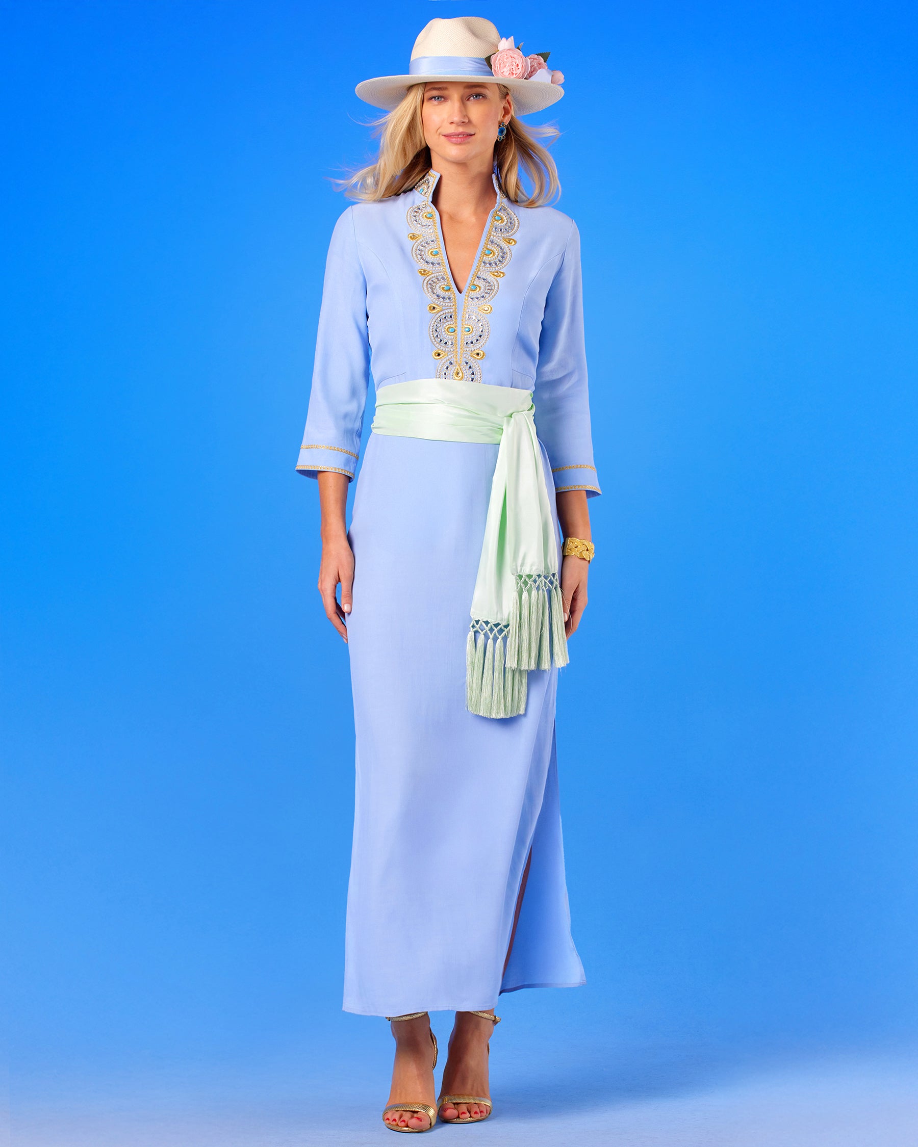 Noor Long Tunic Dress in Robin Egg Blue with Gold Embellishment front view