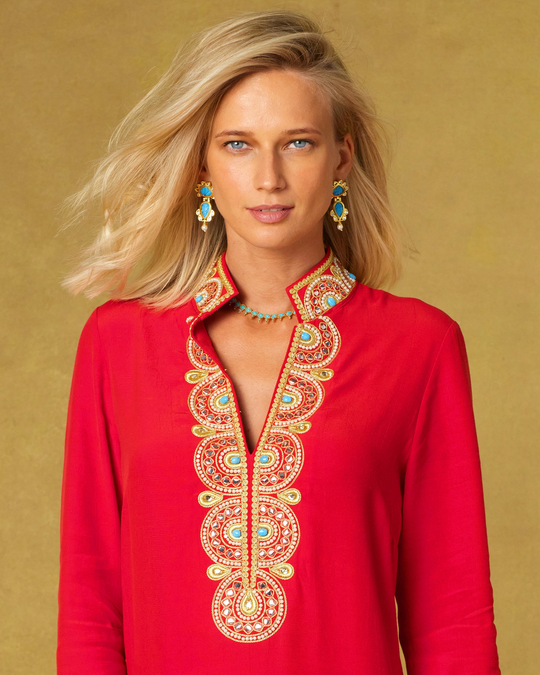 Cora Turquoise Blue String Necklace worn with the Noor Red Tunic