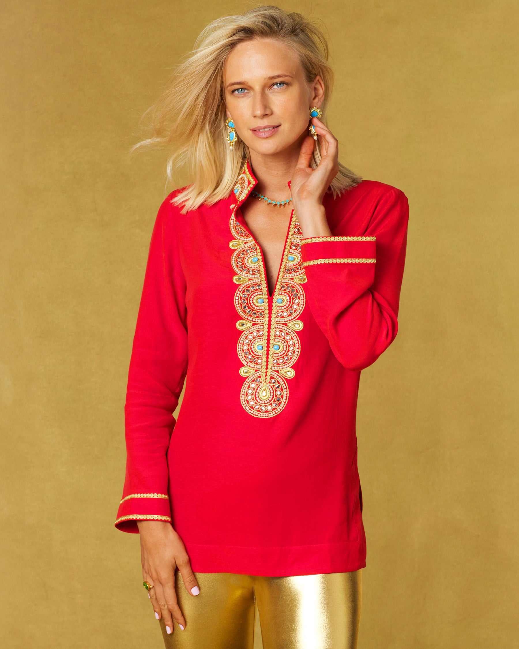 Noor Red Tunic with Gold Embellishment-Front View
