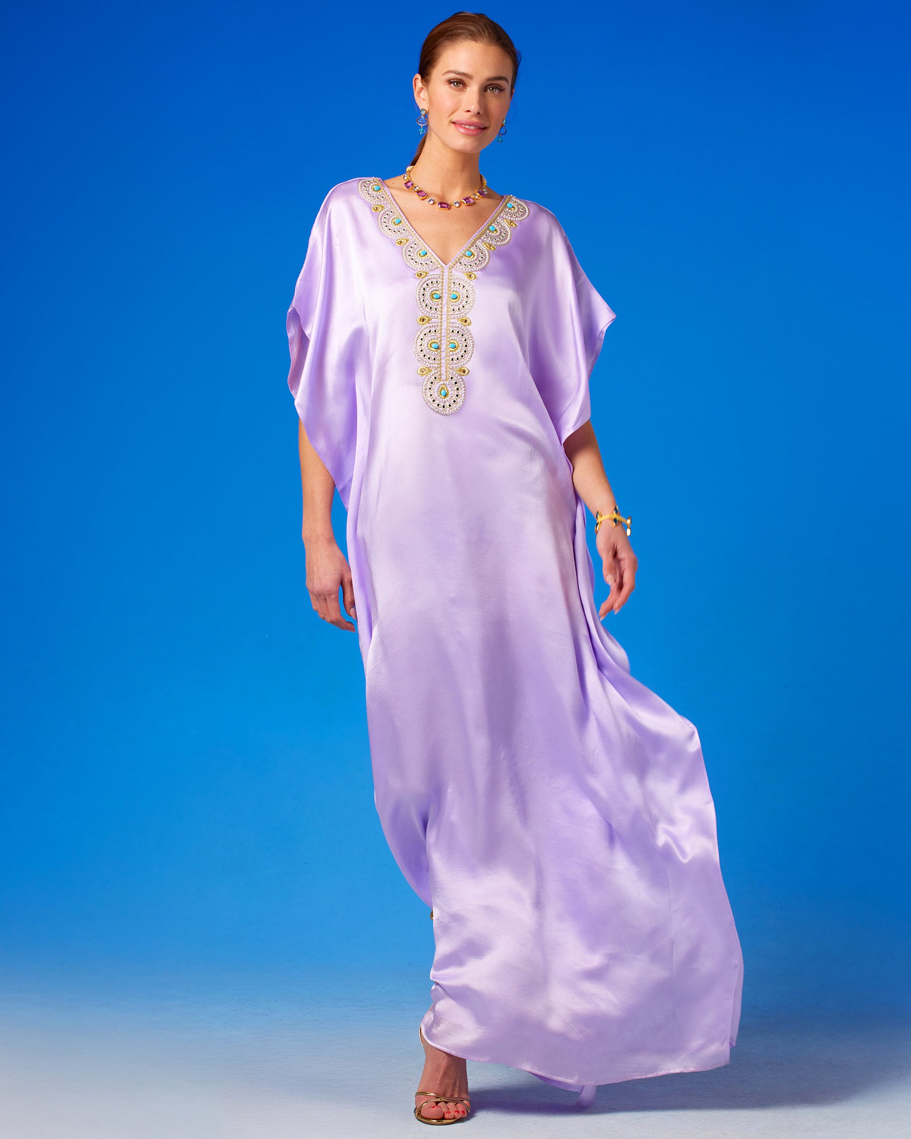 Noor Silk Kaftan in Lavender front view walking