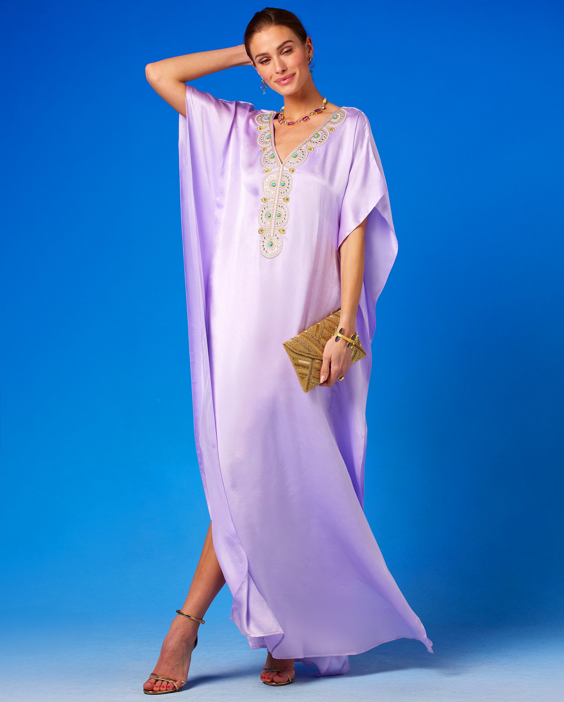 Noor Silk Kaftan in Lavender with arm up
