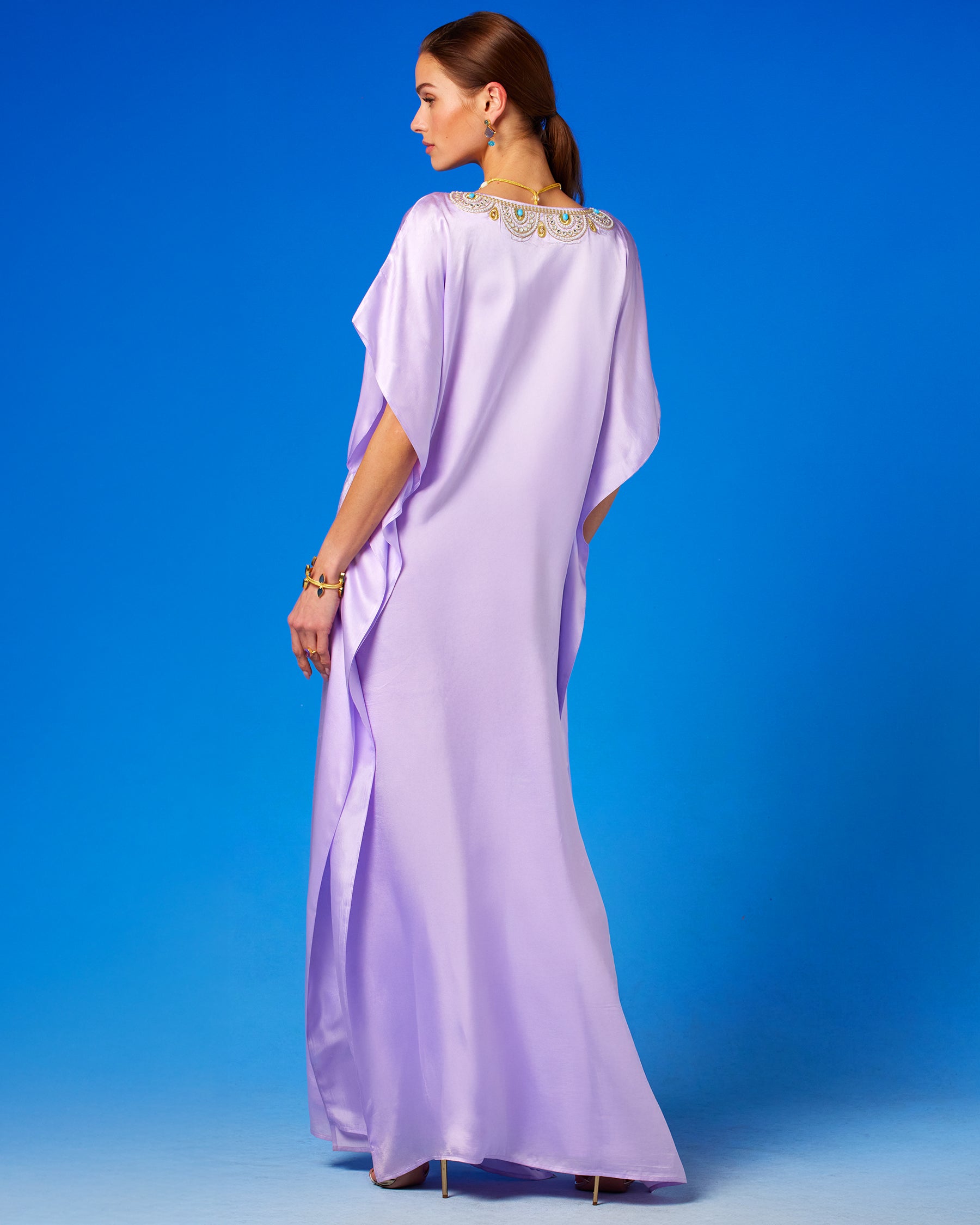 Noor Silk Kaftan in Lavender back view